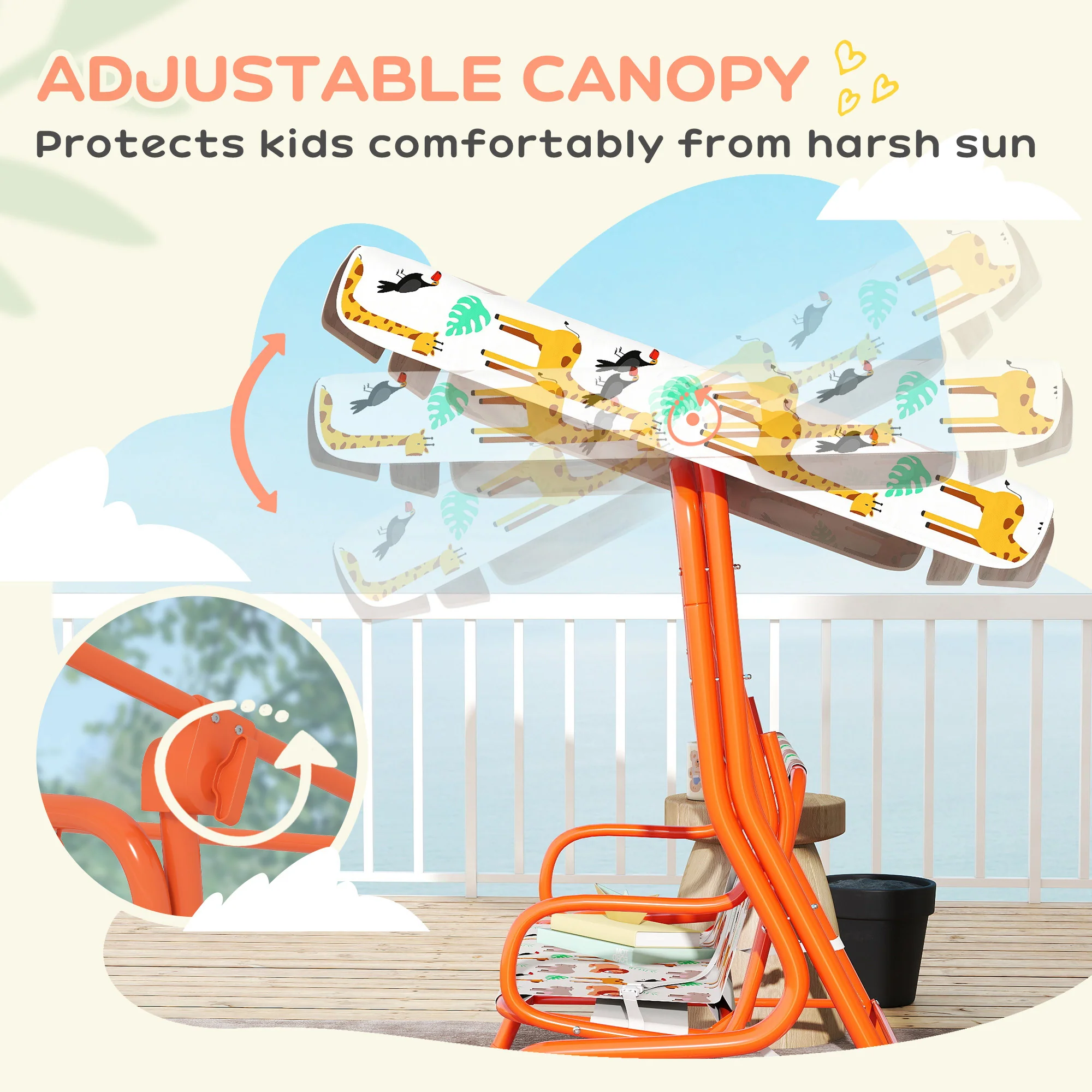 AIYAPLAY Kids Porch Swing with Seat Belts, Adjustable Canopy, Orange - Image 3