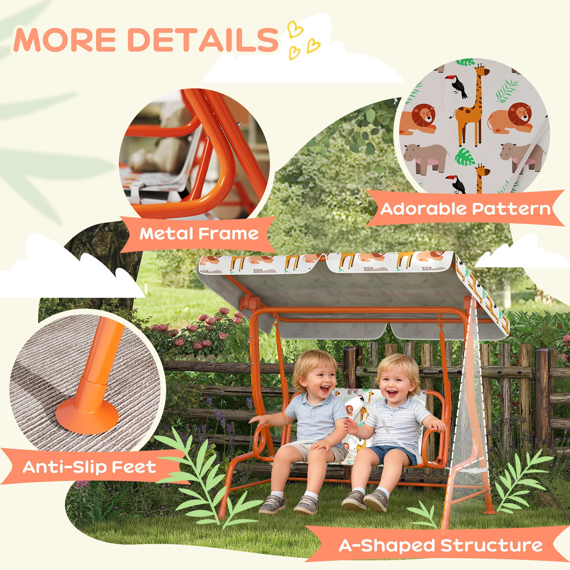 AIYAPLAY Kids Porch Swing with Seat Belts, Adjustable Canopy, Orange - Image 6