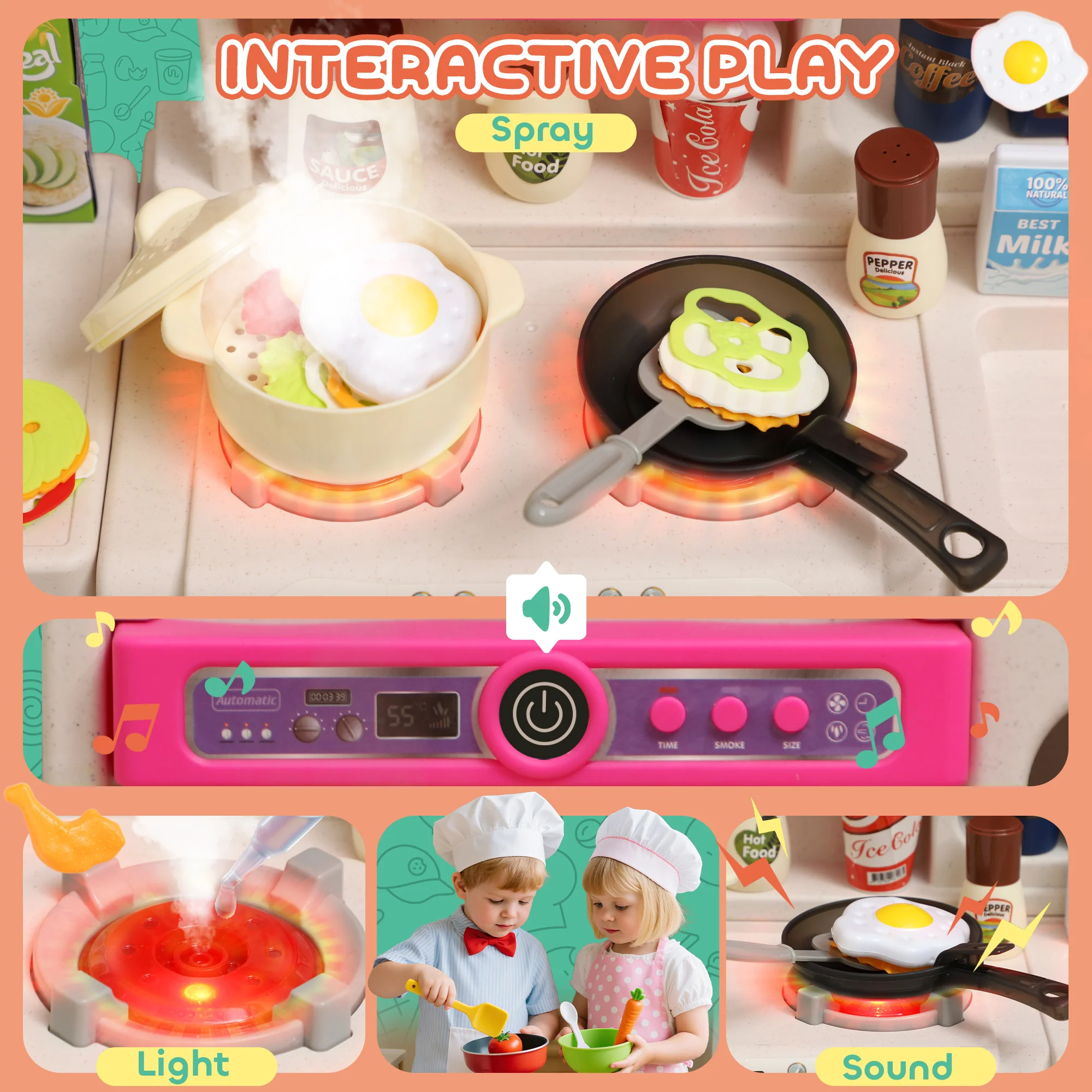 AIYAPLAY Kids Pretend Role Play Set With Realistic Lights & Sounds, Pink - Image 3