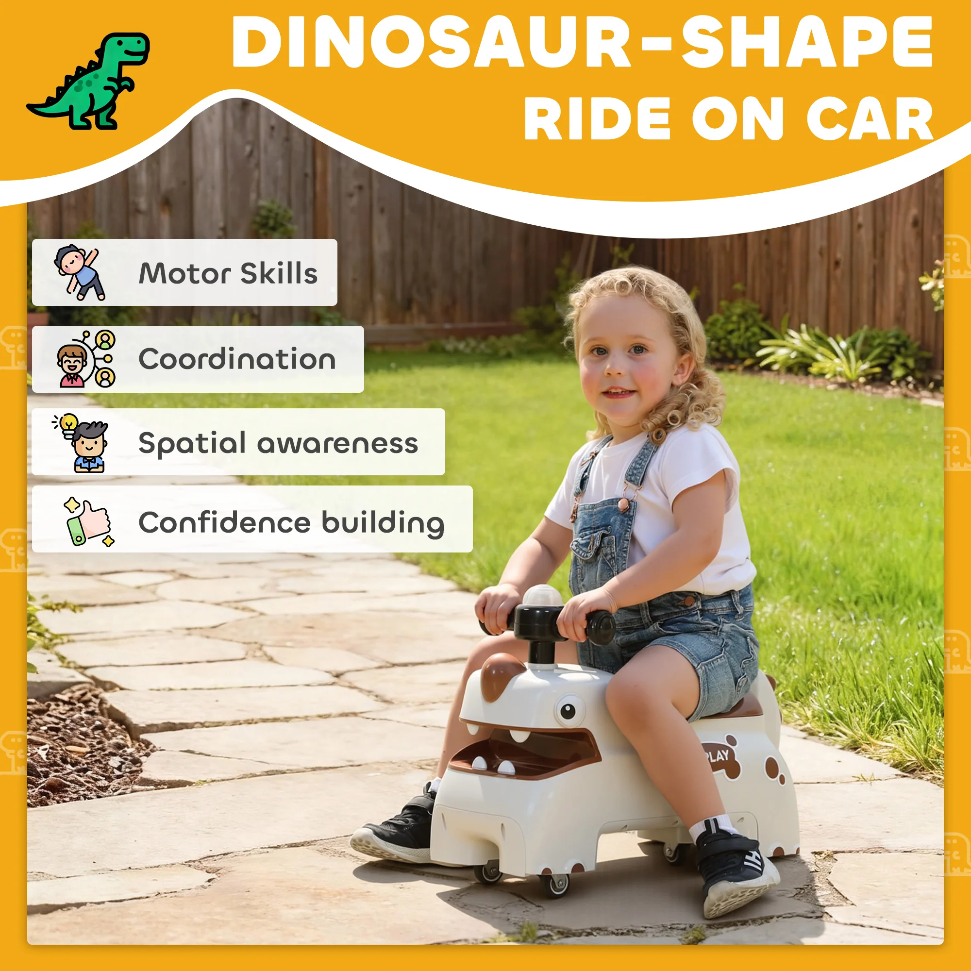 AIYAPLAY Kids Ride On Car, Dinosaur Shape Toddler Walker, Cream - Image 3