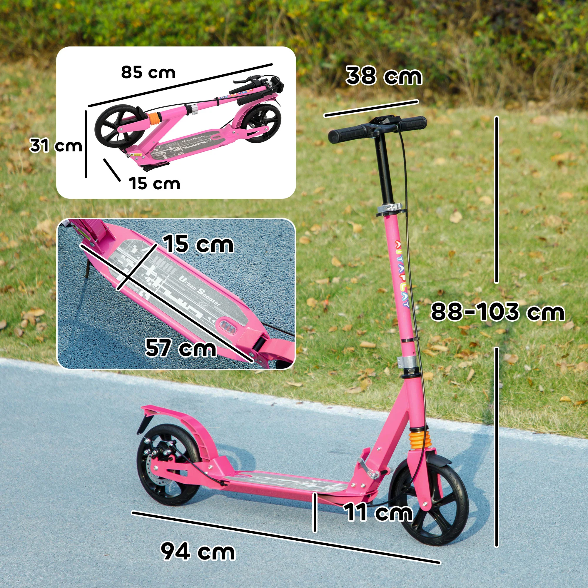 AIYAPLAY Kids Scooter, Foldable Kick Scooter w/ Adjustable Handlebar, Pink - Image 5