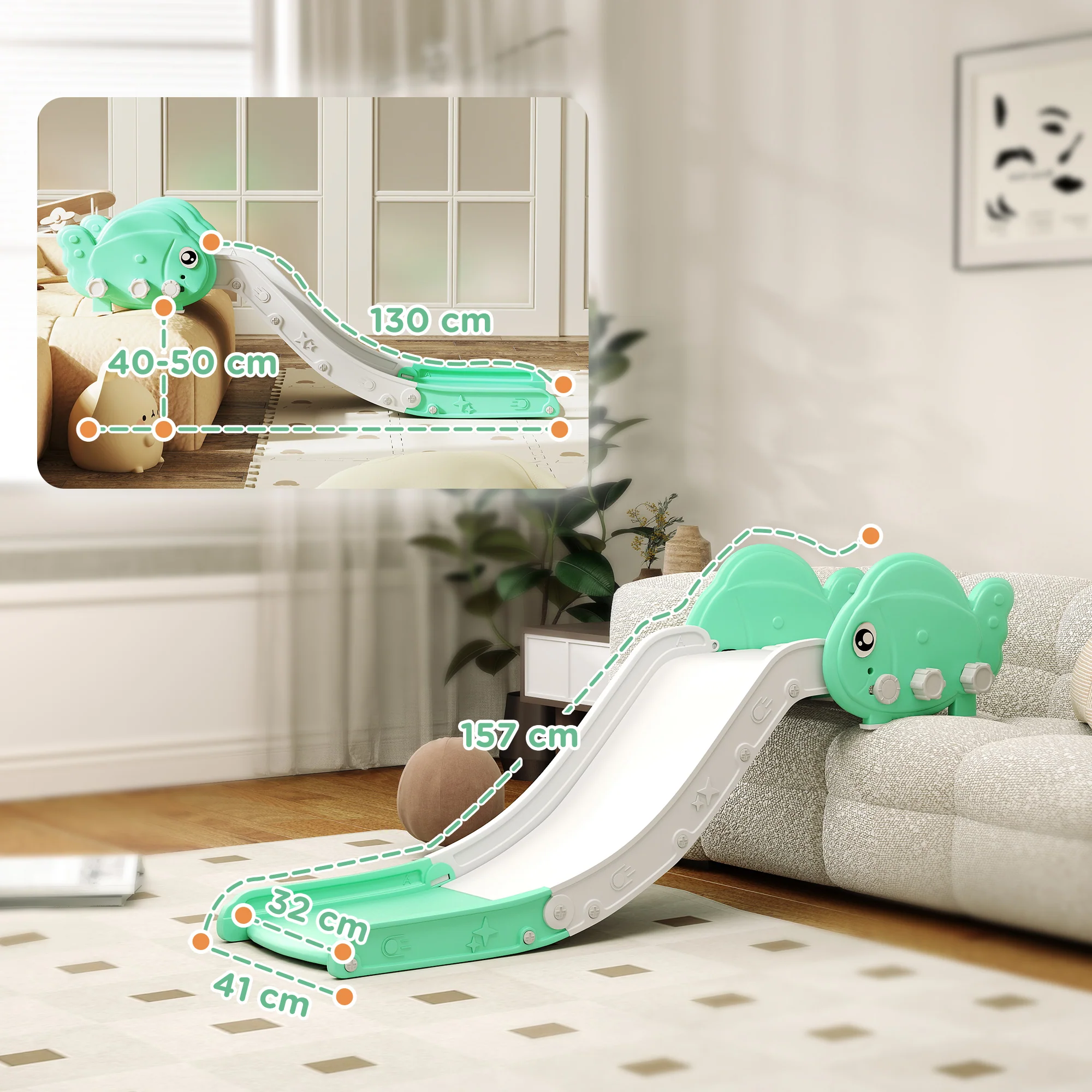 AIYAPLAY Kids Sofa Slide, Toddler Slide with 130cm Extended Length, Green - Image 5