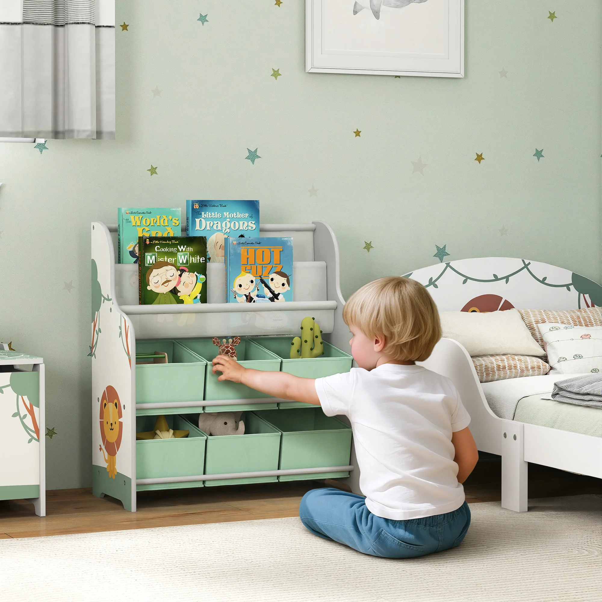 AIYAPLAY Kids Storage Unit with 6 Fabric Drawers & 2-Tier Sling Rack, Green - Image 2