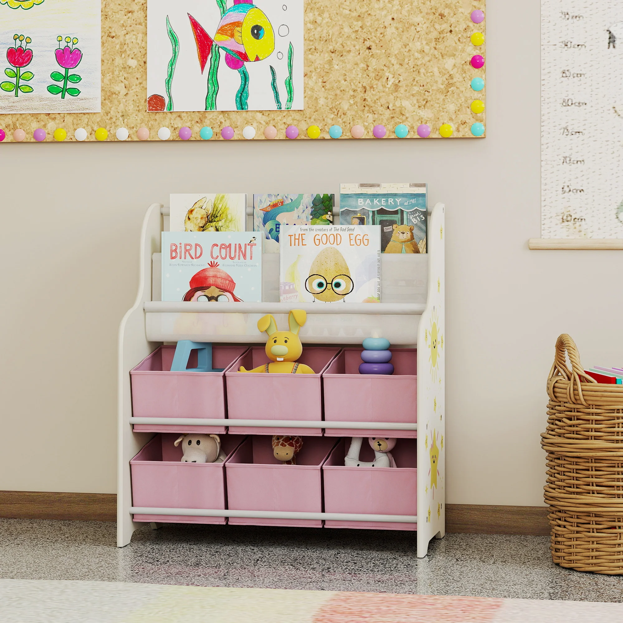 AIYAPLAY Kids Storage Unit with 6 Fabric Drawers & 2-Tier Sling Rack, Pink - Image 8