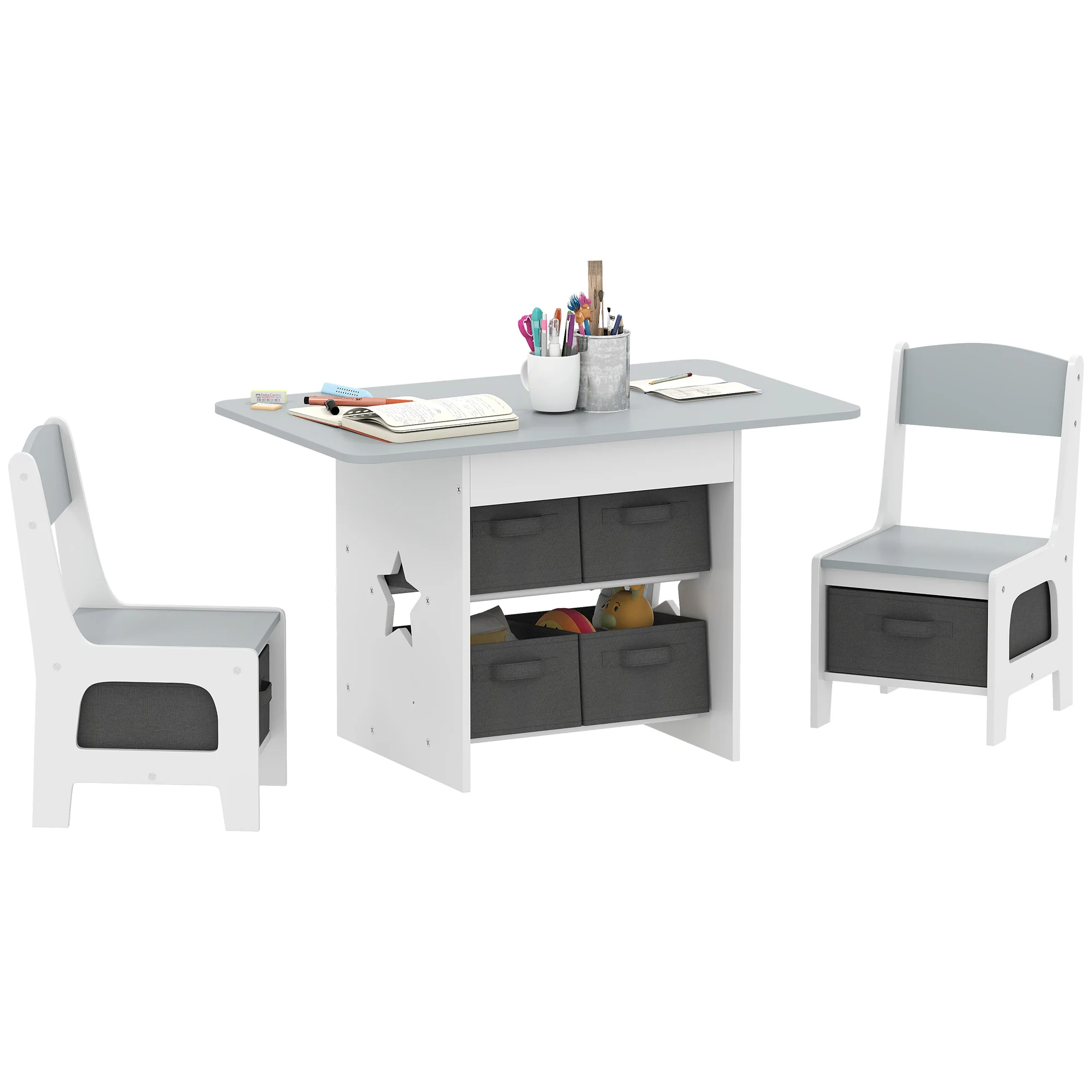 AIYAPLAY Kids Table And Chair Set With 6 Removable Drawers, Light Grey