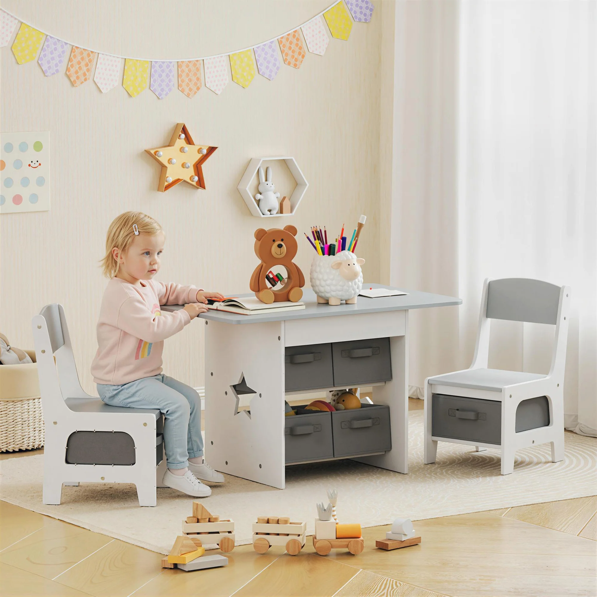 AIYAPLAY Kids Table And Chair Set With 6 Removable Drawers, Light Grey - Image 2