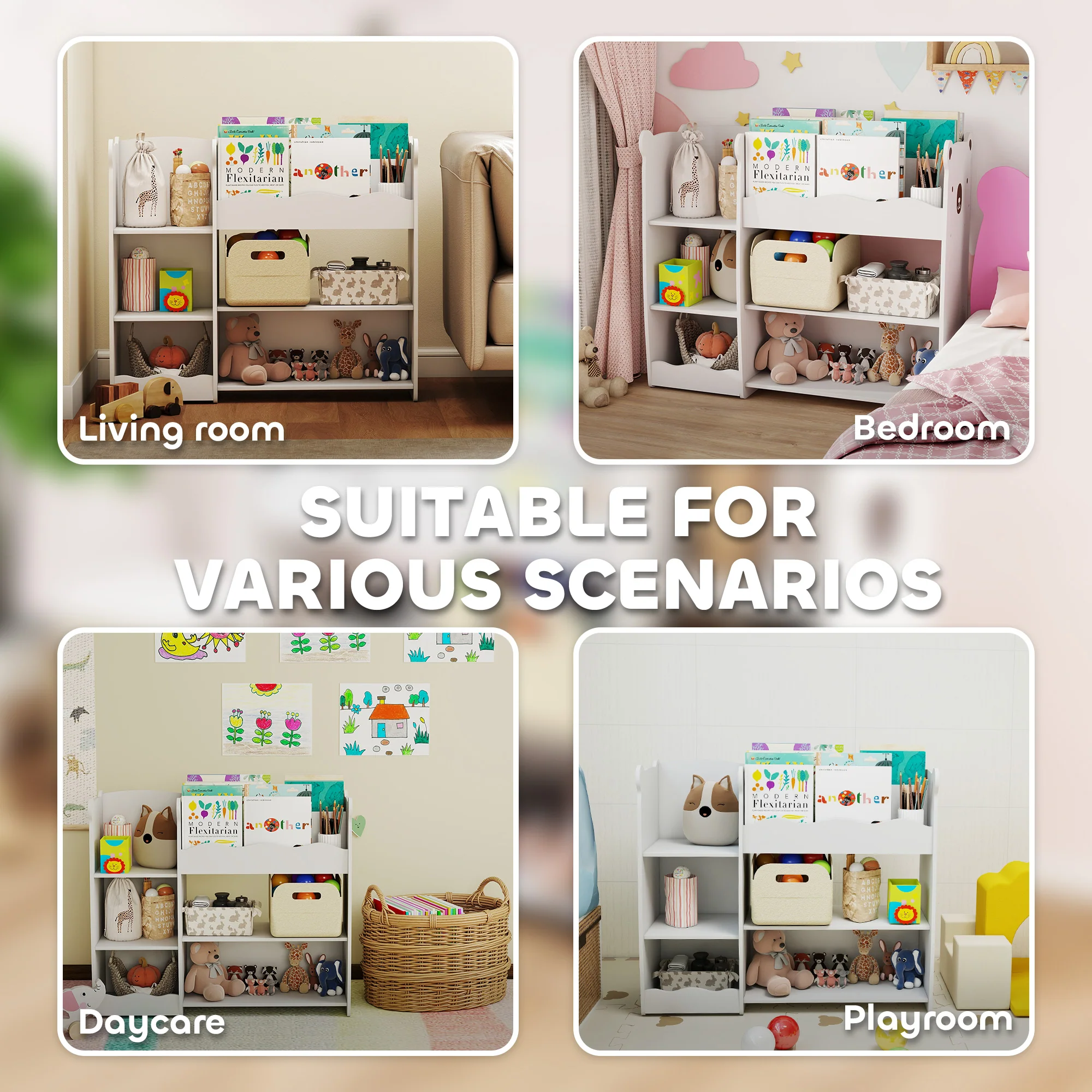 AIYAPLAY kids Toy storage unit, three tier Kids Bookshelf for Nursery, White - Image 4