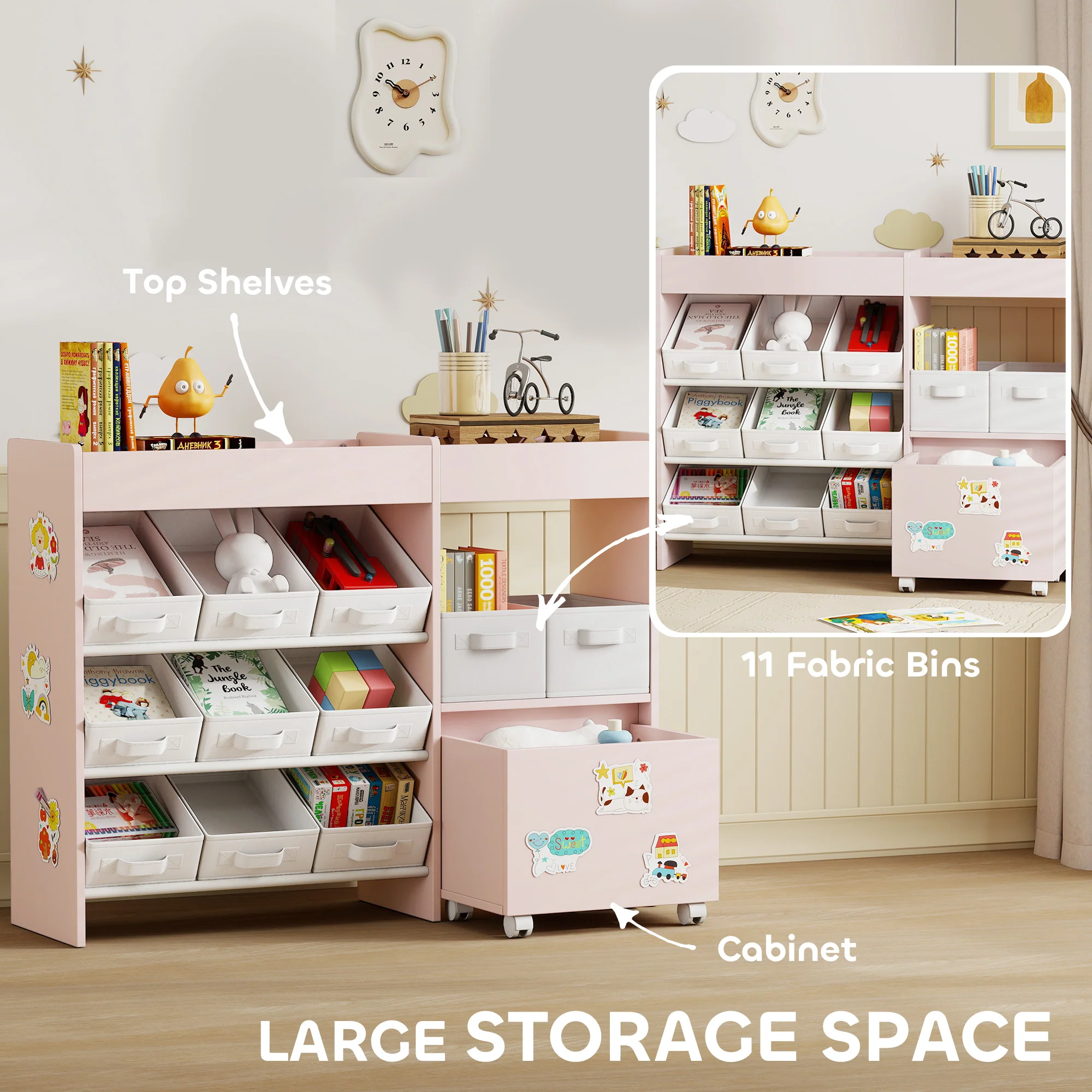 AIYAPLAY Kids Toy Storage Unit With 11 Fabric Bins, 3 Stickers, Pink - Image 3
