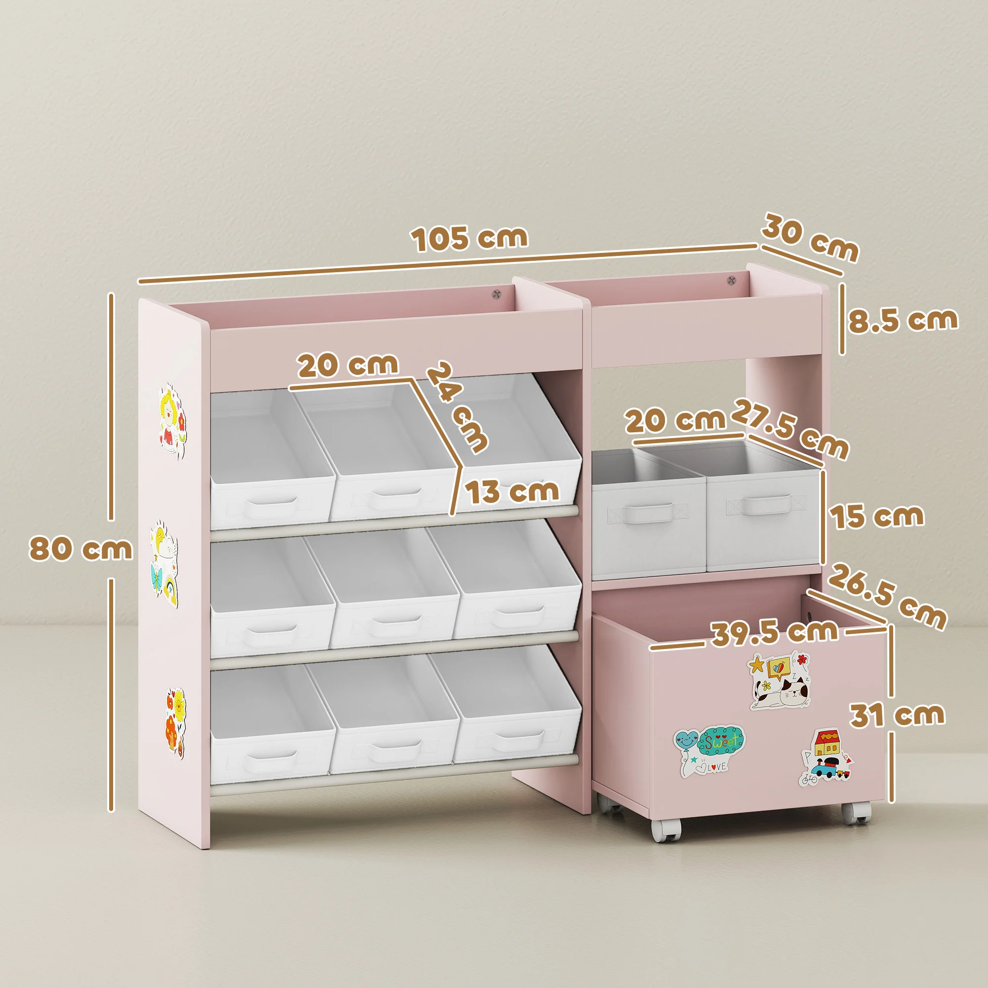 AIYAPLAY Kids Toy Storage Unit With 11 Fabric Bins, 3 Stickers, Pink - Image 5