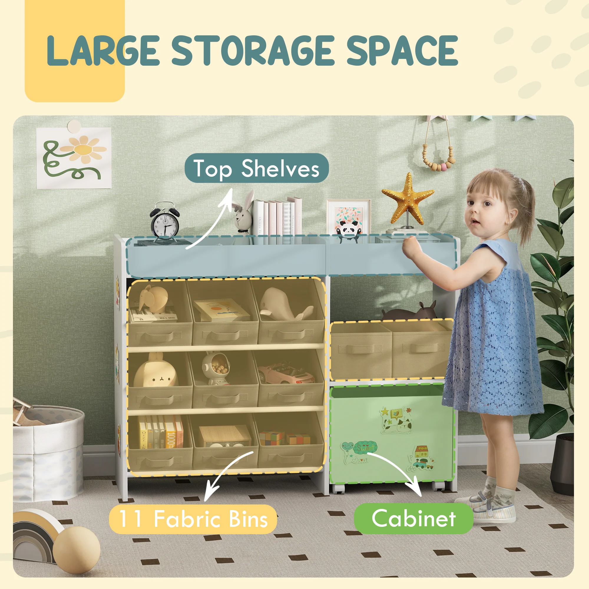 AIYAPLAY Kids Toy Storage Unit with 11 Fabric Bins, 3 Stickers, White - Image 3