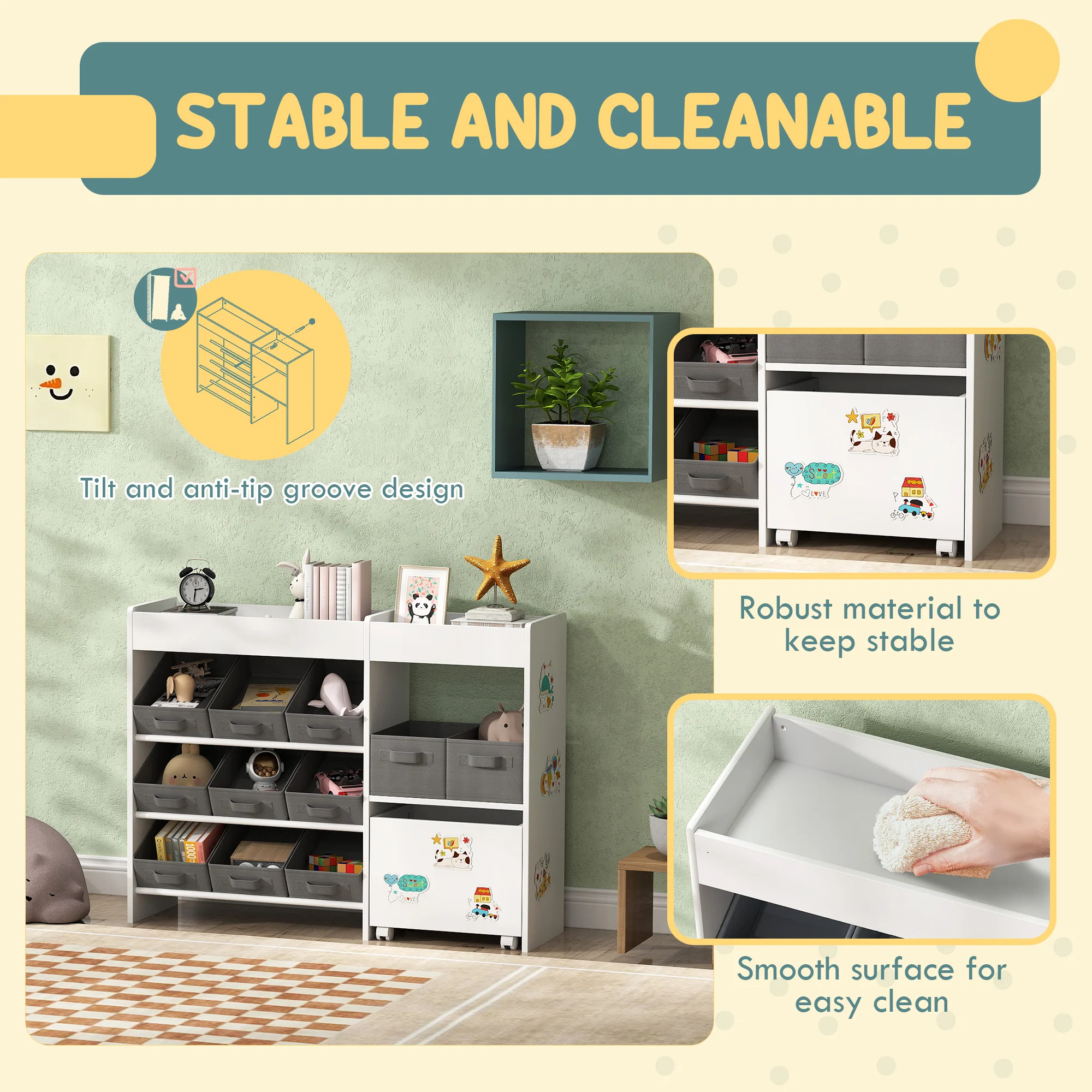 AIYAPLAY Kids Toy Storage Unit with 11 Fabric Bins, 3 Stickers, White - Image 4