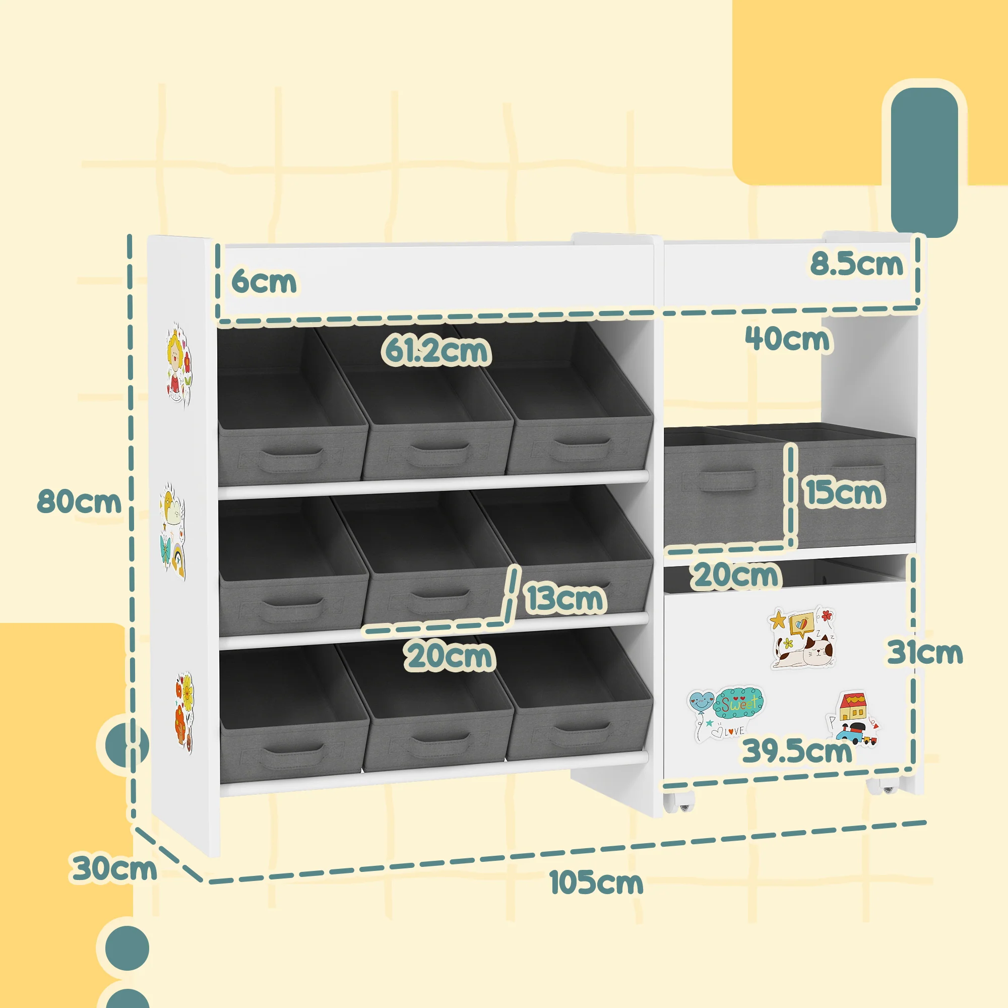 AIYAPLAY Kids Toy Storage Unit with 11 Fabric Bins, 3 Stickers, White - Image 5