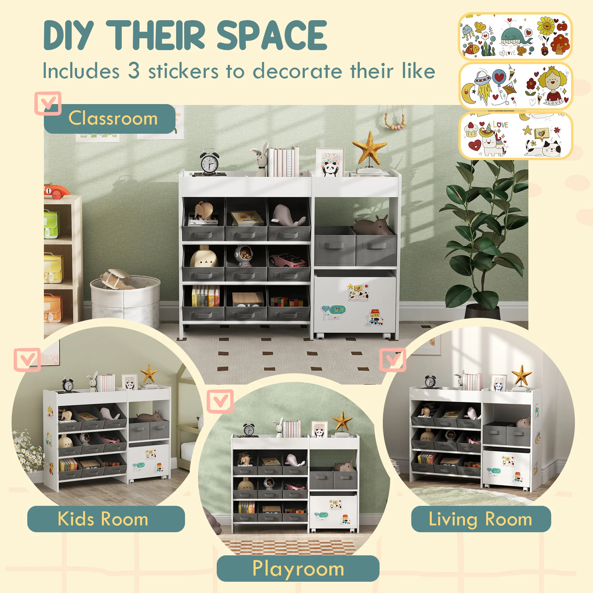 AIYAPLAY Kids Toy Storage Unit with 11 Fabric Bins, 3 Stickers, White - Image 6