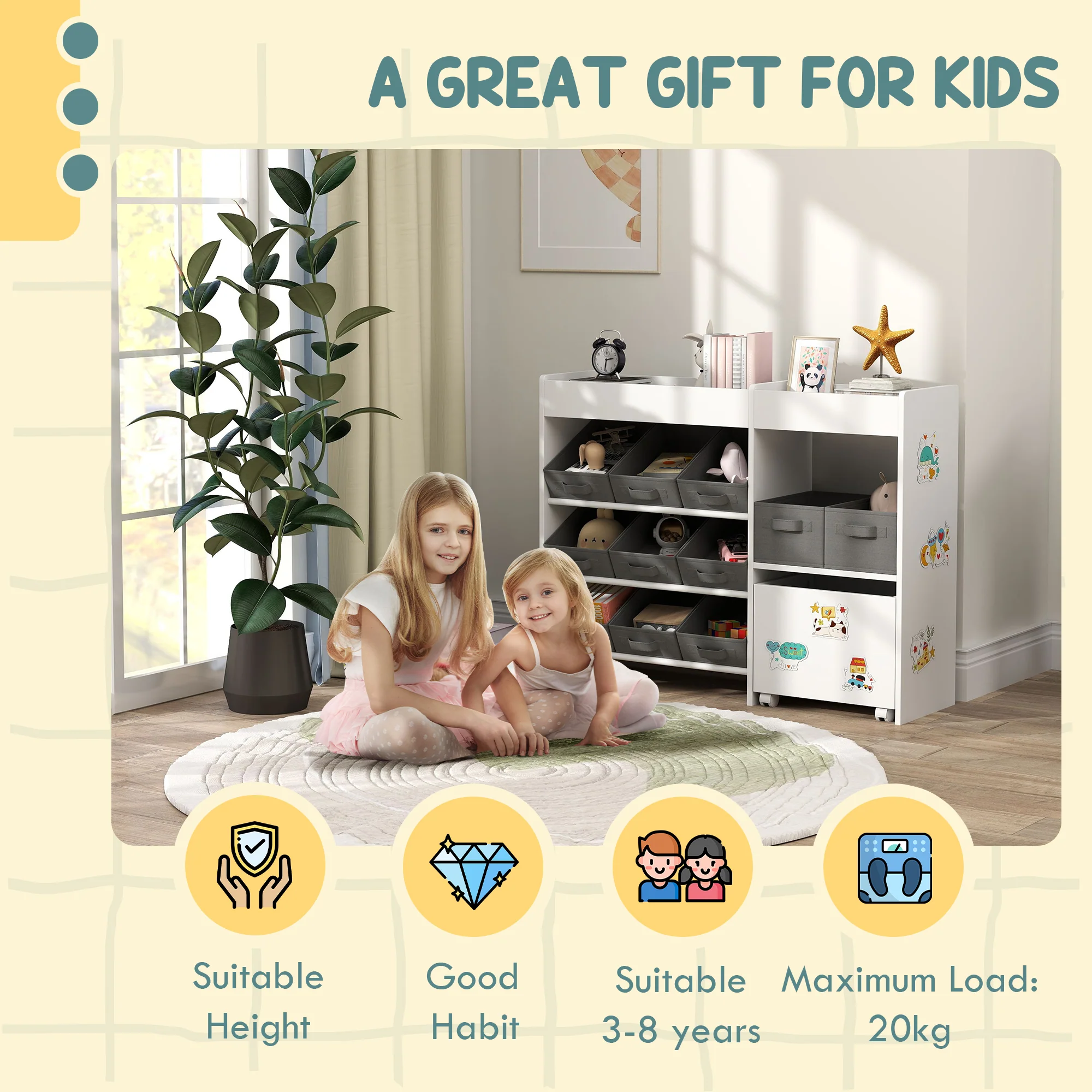 AIYAPLAY Kids Toy Storage Unit with 11 Fabric Bins, 3 Stickers, White - Image 7