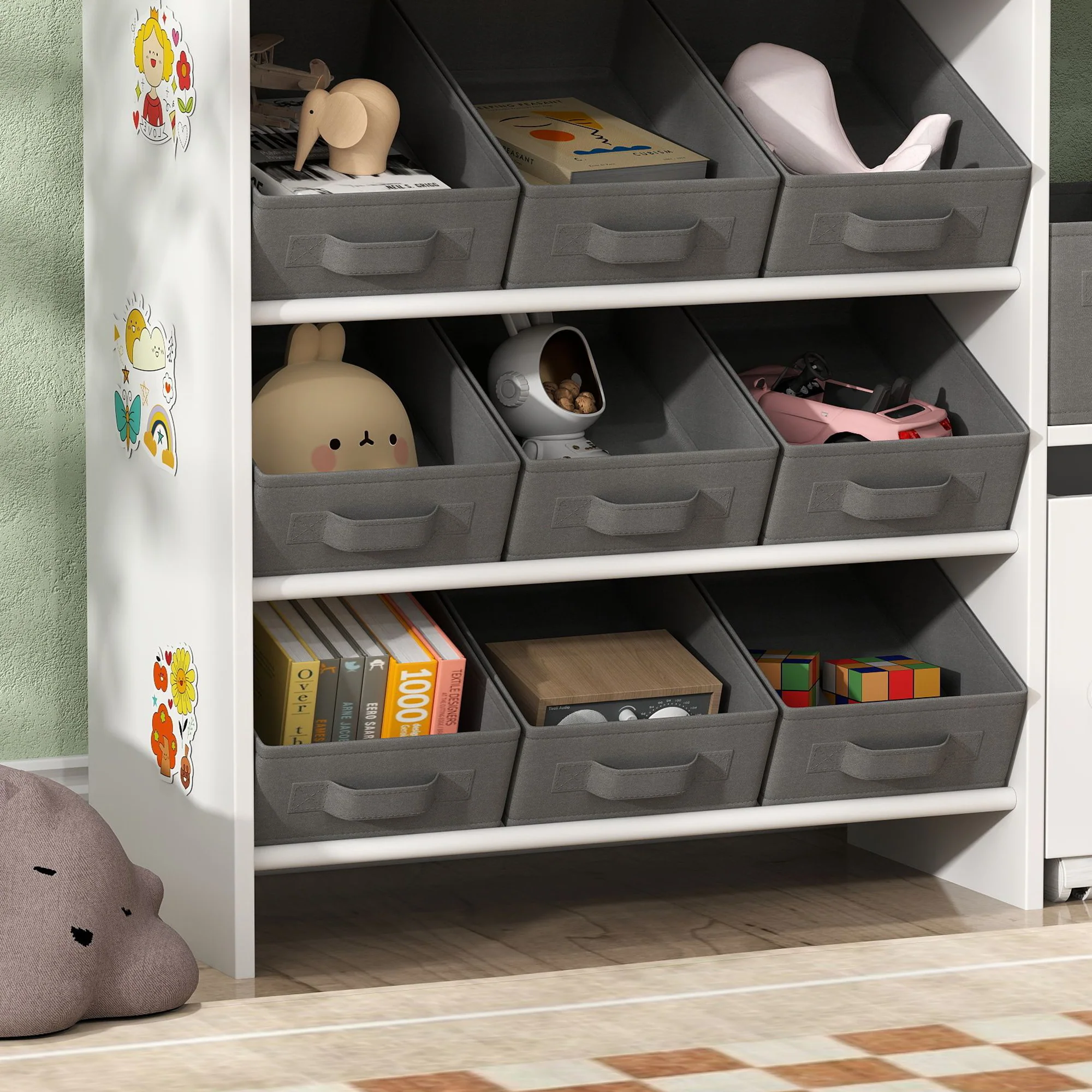 AIYAPLAY Kids Toy Storage Unit with 11 Fabric Bins, 3 Stickers, White - Image 8