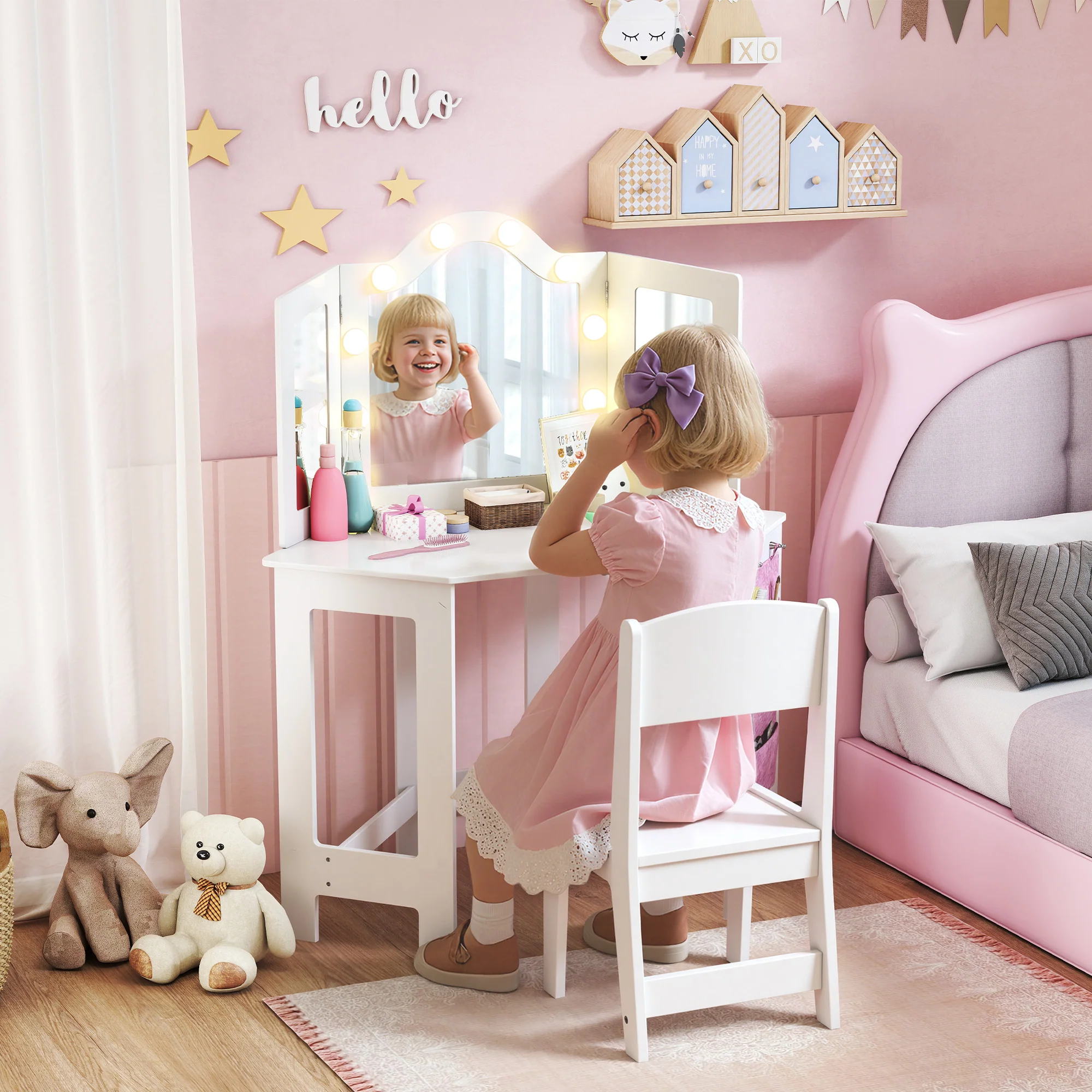 AIYAPLAY Kids Vanity Table and Stool with Lights, Tri-Folding Mirror, White - Image 2