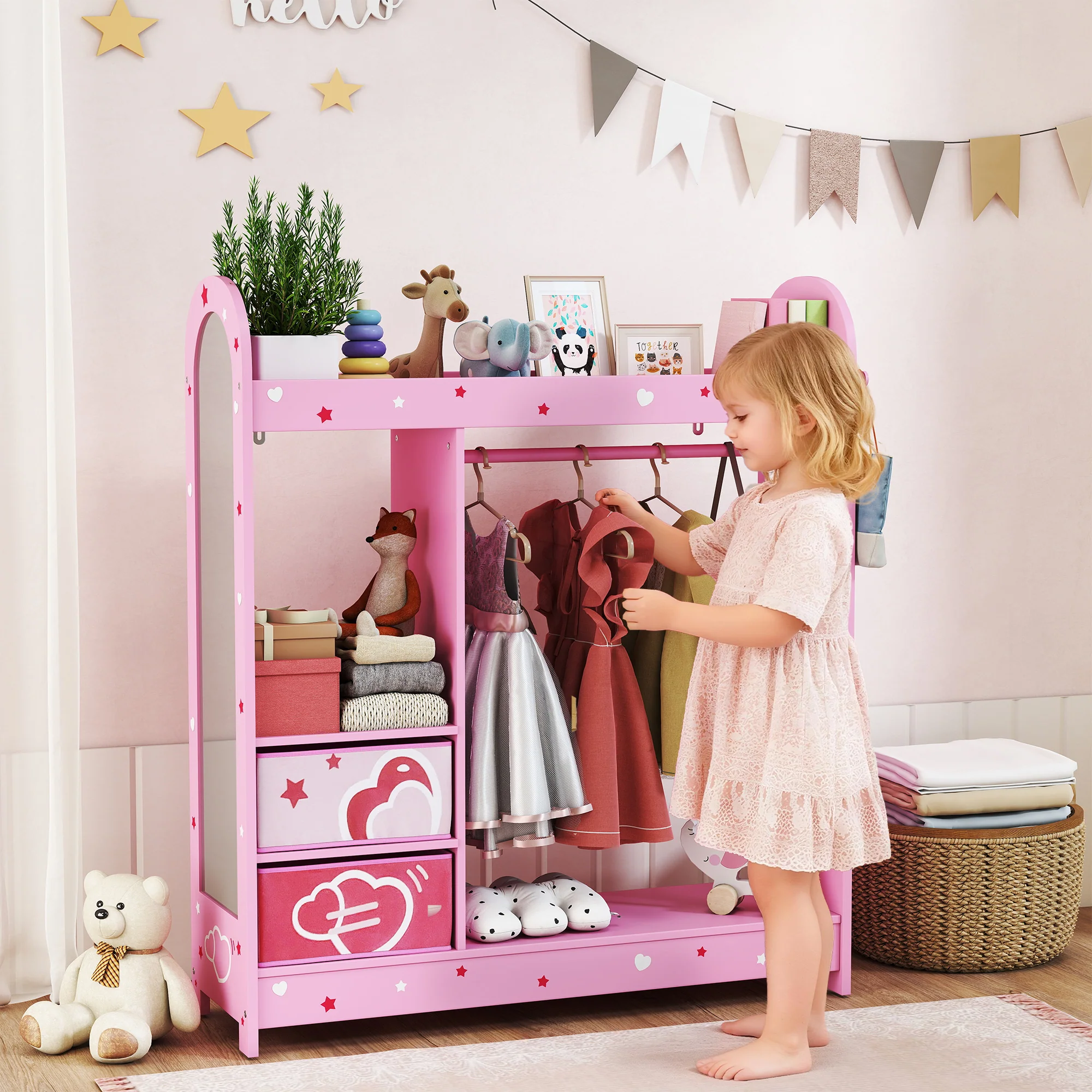AIYAPLAY Kids Wardrobe, Kids Clothes Rail With Mirror For Bedroom, Pink - Image 2
