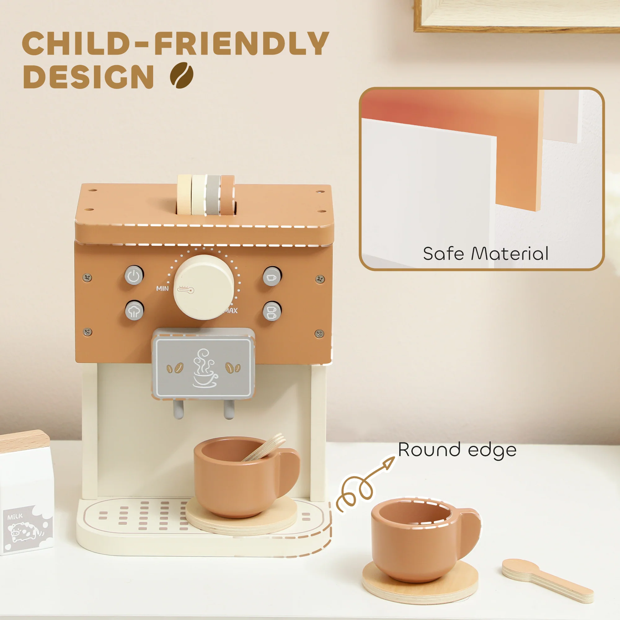 AIYAPLAY Kids Wooden Coffee Machine Toy, Pretend Role Play Toy - Image 4