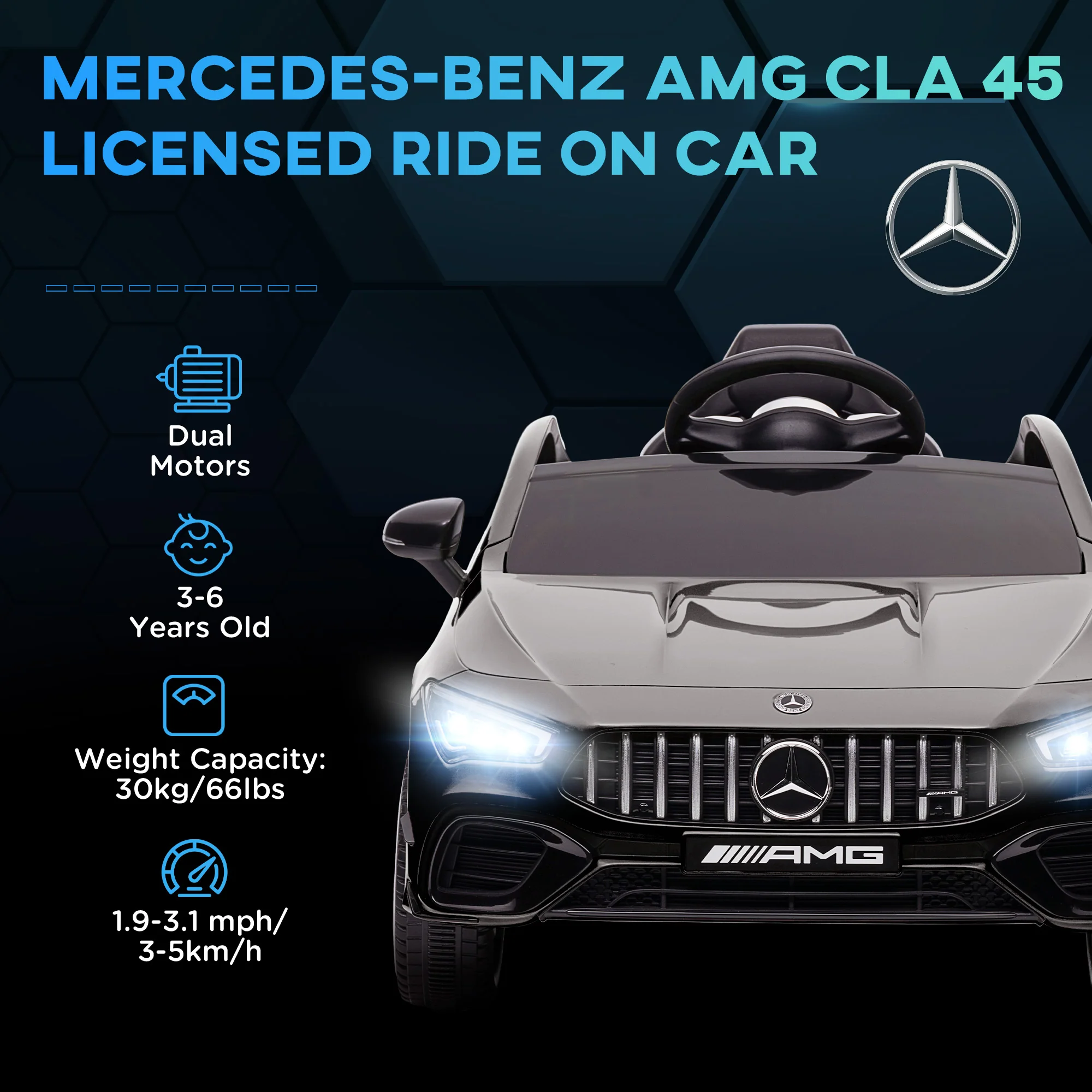 AIYAPLAY Mercedes-AMG CLA 45 Licensed 12V Ride On Car W/ Music - Black/Blue/White/Yellow - Image 12