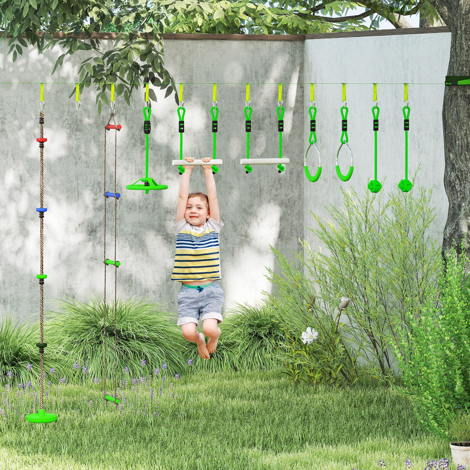 AIYAPLAY Obstacle Course for Kids with 10PCs Slackline Kit, Green - Image 2