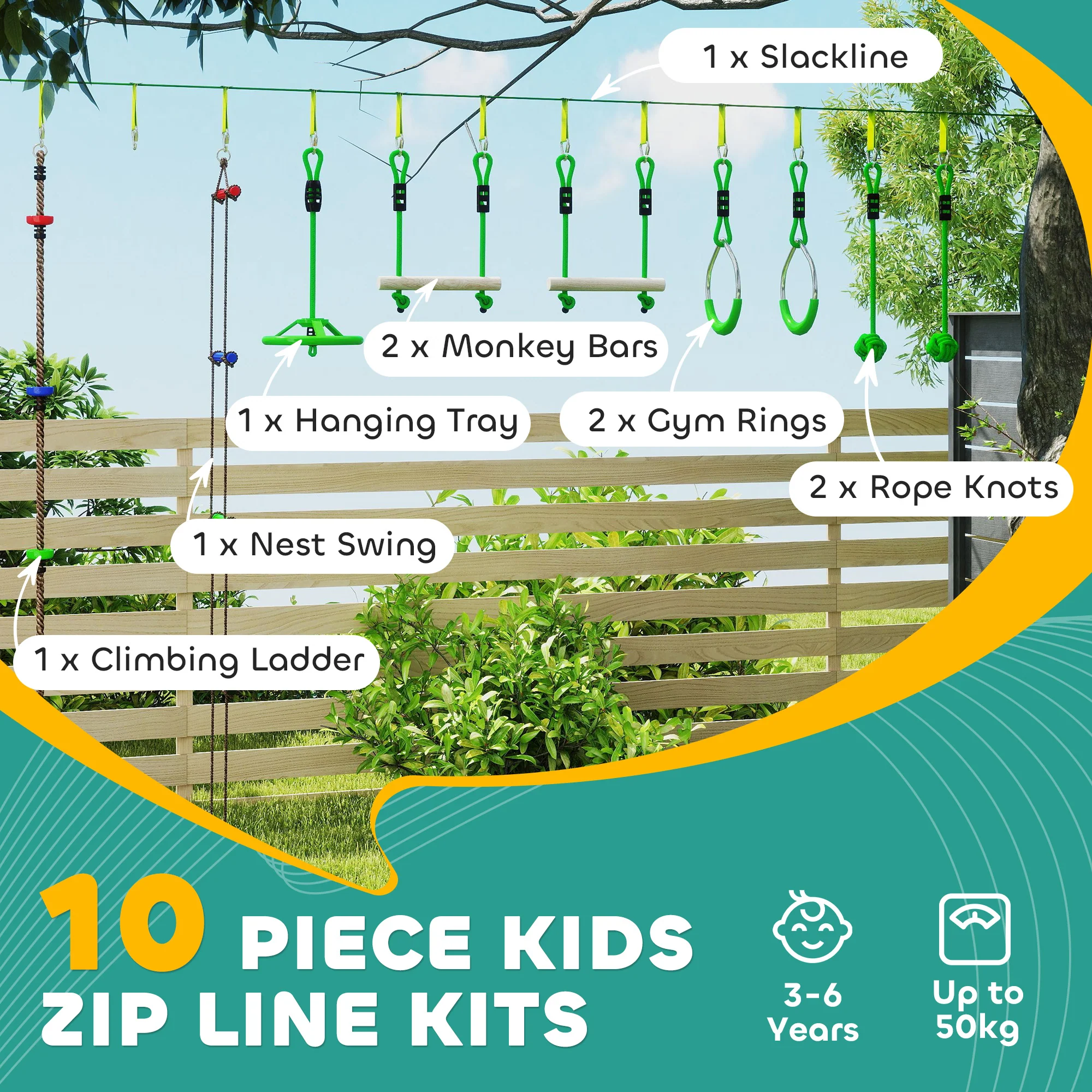 AIYAPLAY Obstacle Course for Kids with 10PCs Slackline Kit, Green - Image 3