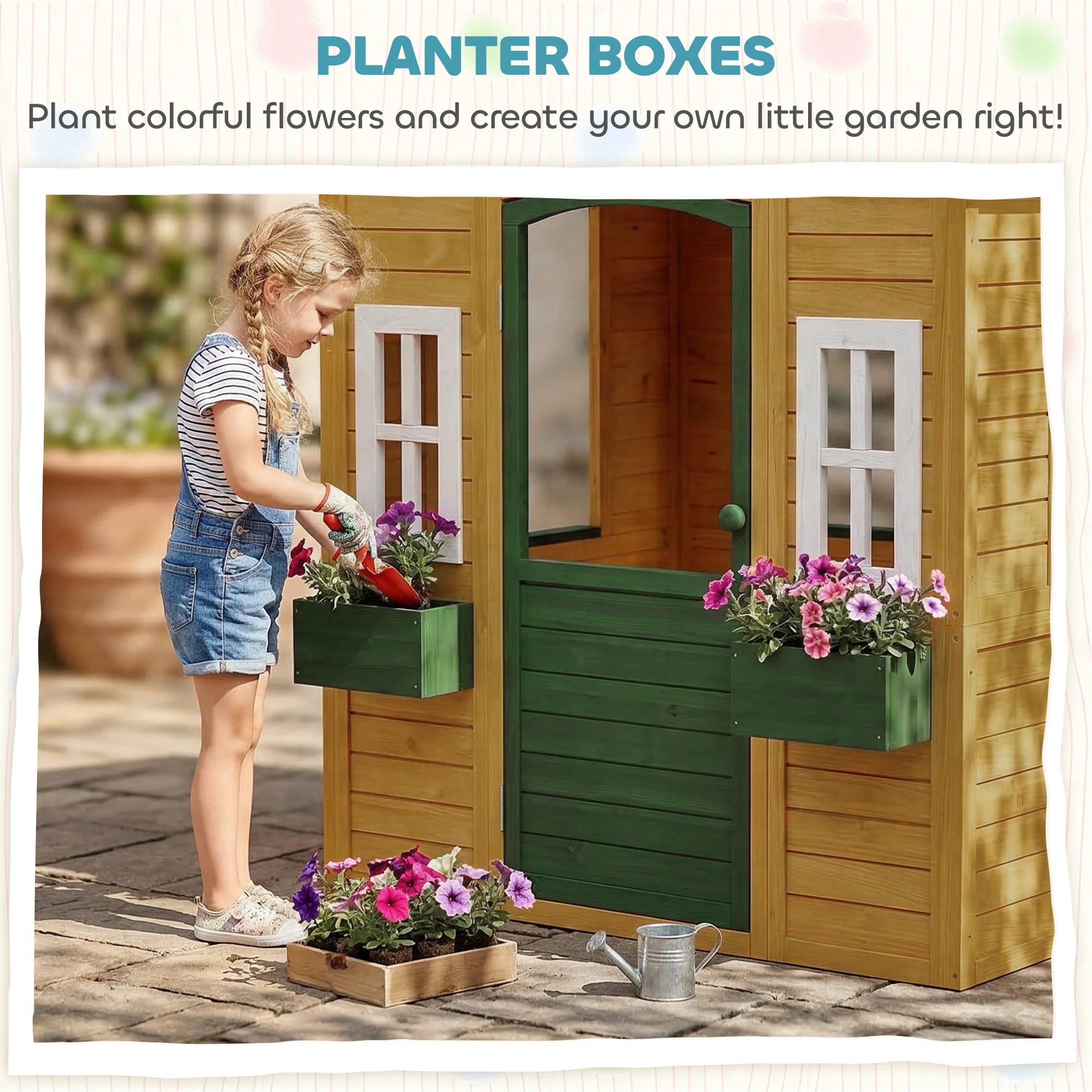 AIYAPLAY Outdoor Playhouse, Wooden Wendy House with Door, 2 Flower Boxes - Image 4