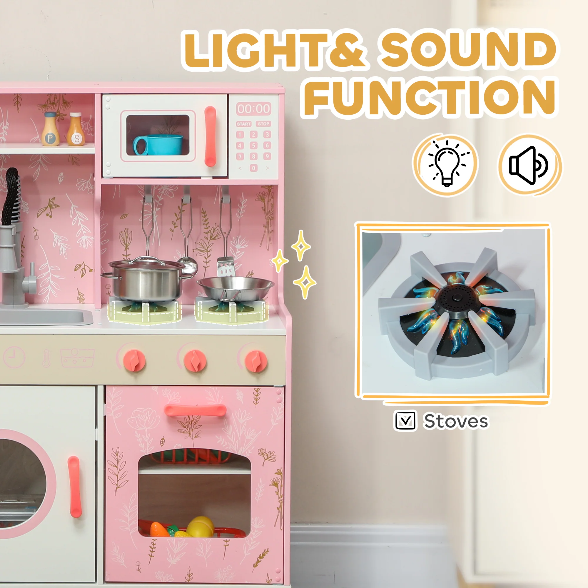 AIYAPLAY Play Kitchen Kids Kitchen Set With Lights And Sounds - Pink - Image 6