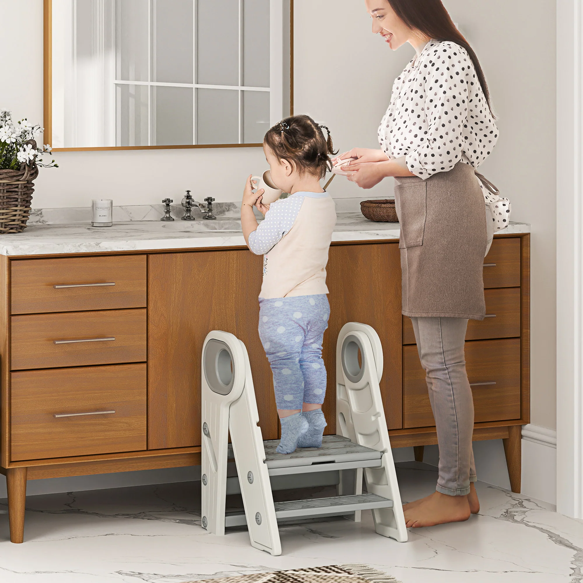 AIYAPLAY Toddler Tower, Foldable & Adjustable, with Handle, Non-Slip, Grey - Image 2