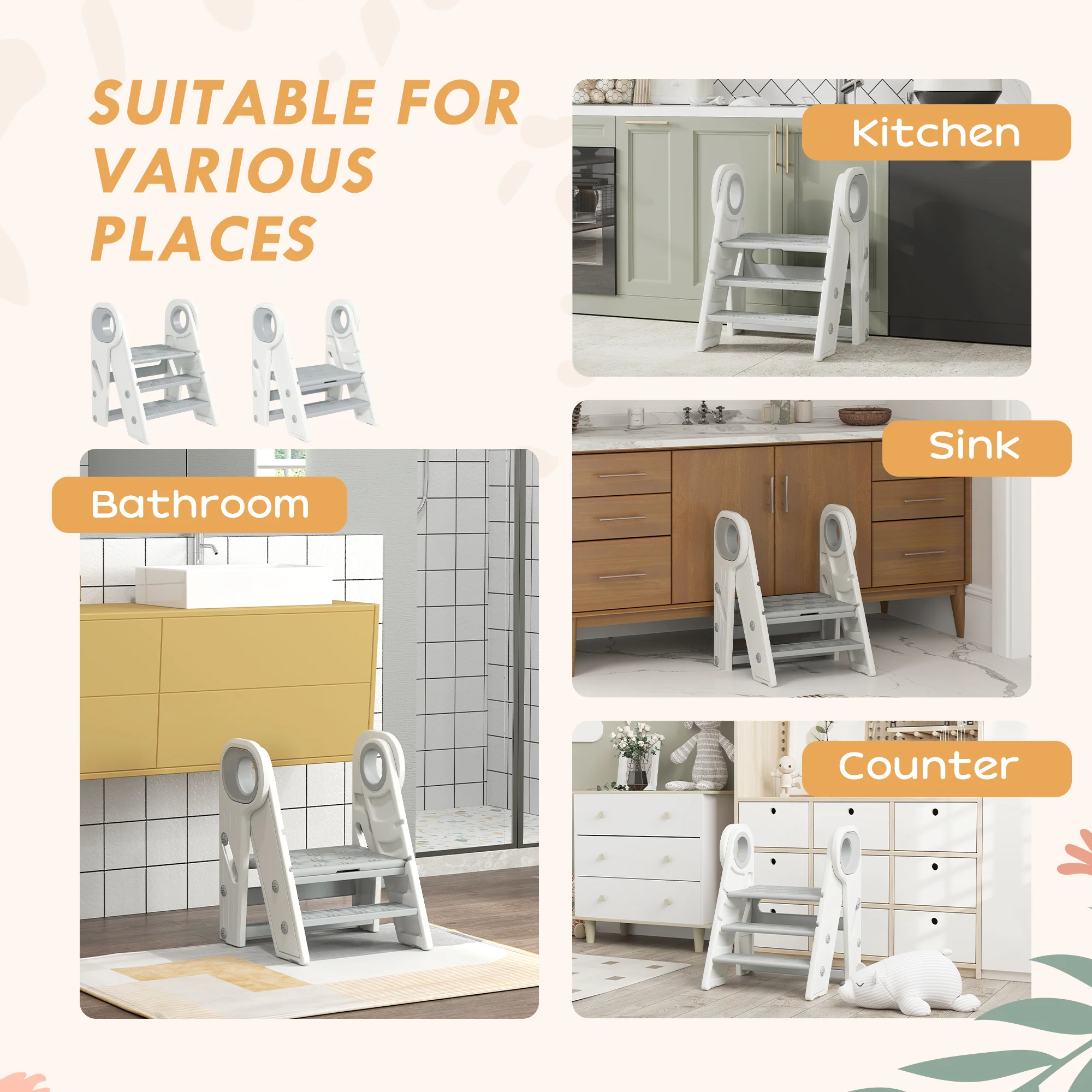 AIYAPLAY Toddler Tower, Foldable & Adjustable, with Handle, Non-Slip, Grey - Image 7