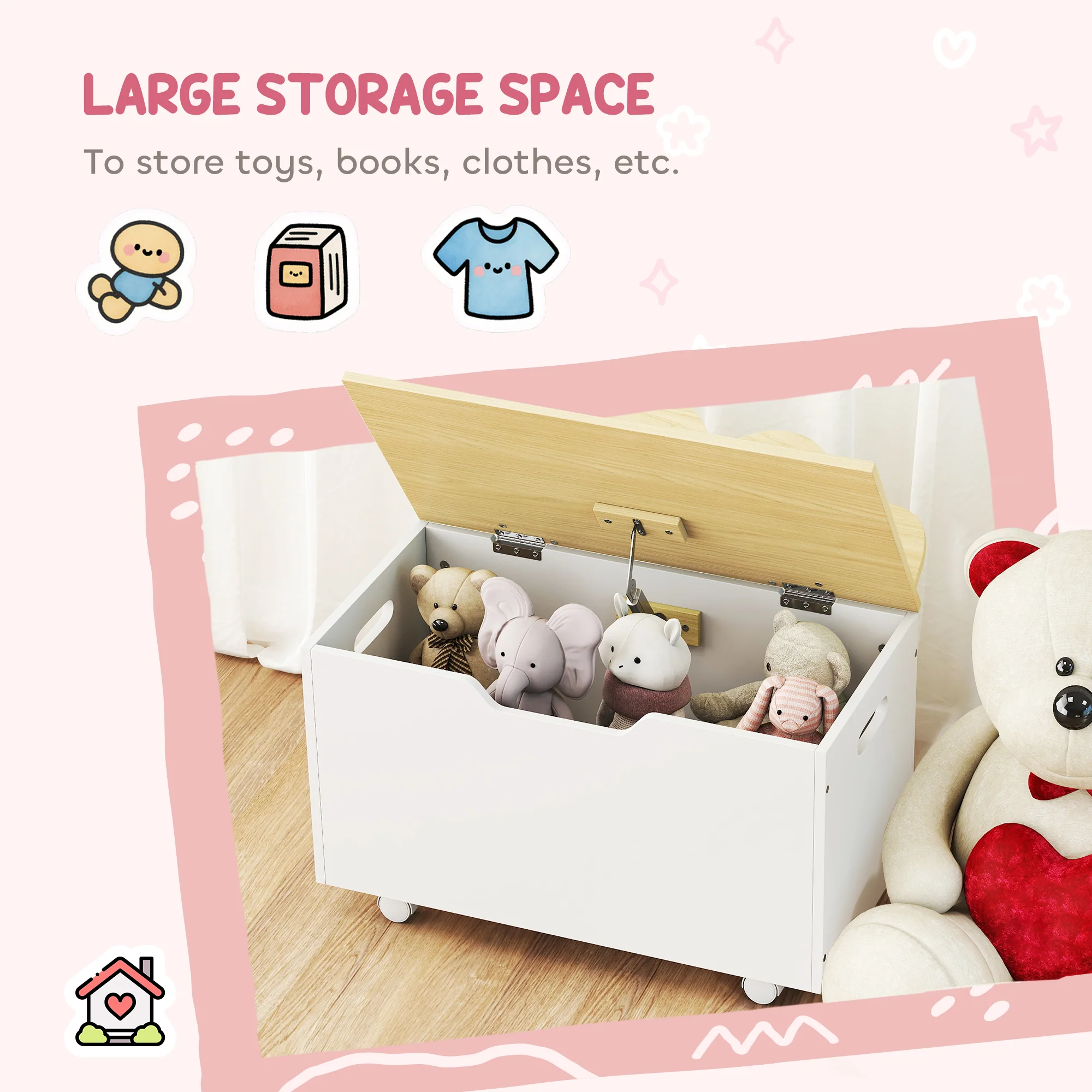 AIYAPLAY Toy Box For Kids, Toy Chest With Wheels And Safety Hinges, White - Image 3