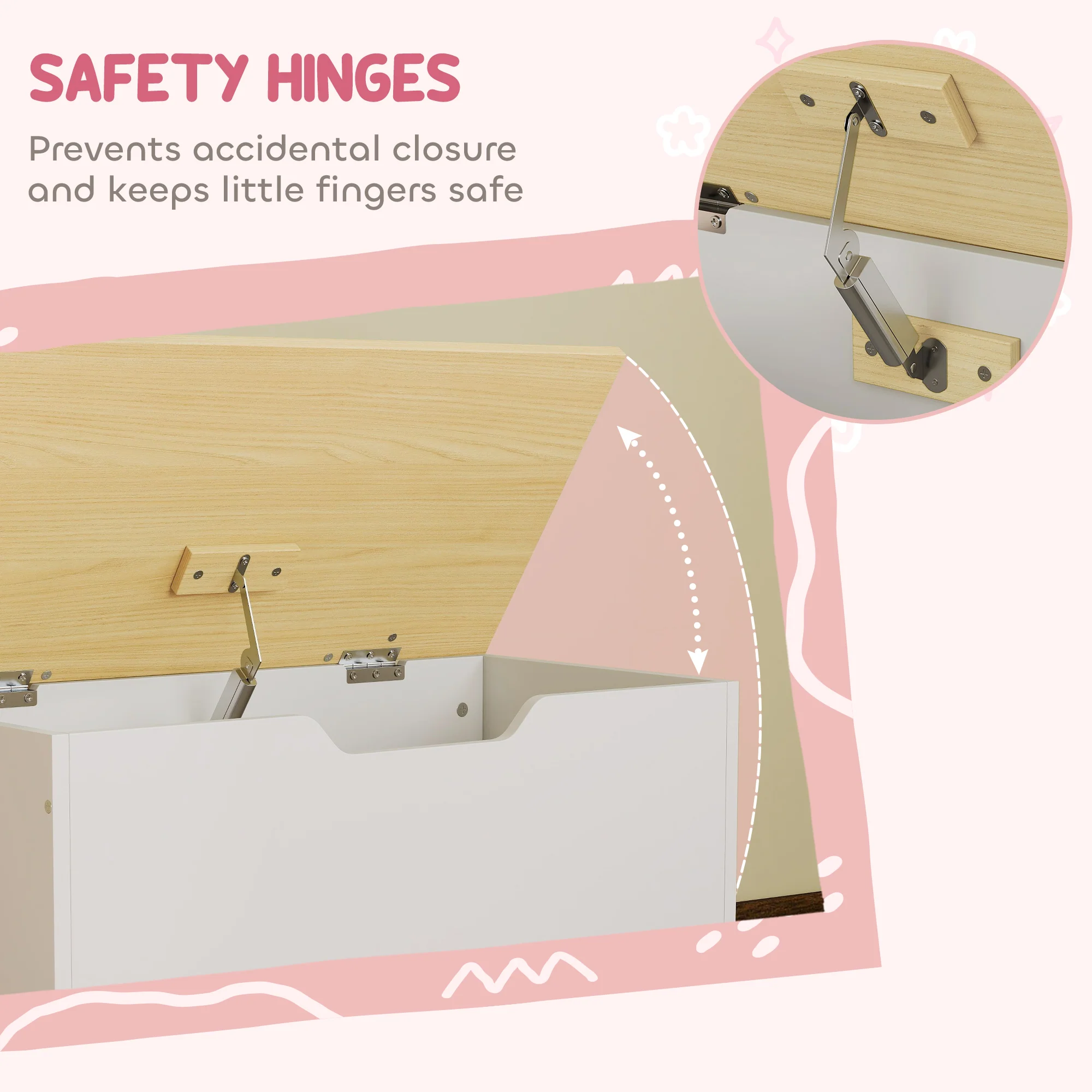AIYAPLAY Toy Box For Kids, Toy Chest With Wheels And Safety Hinges, White - Image 6