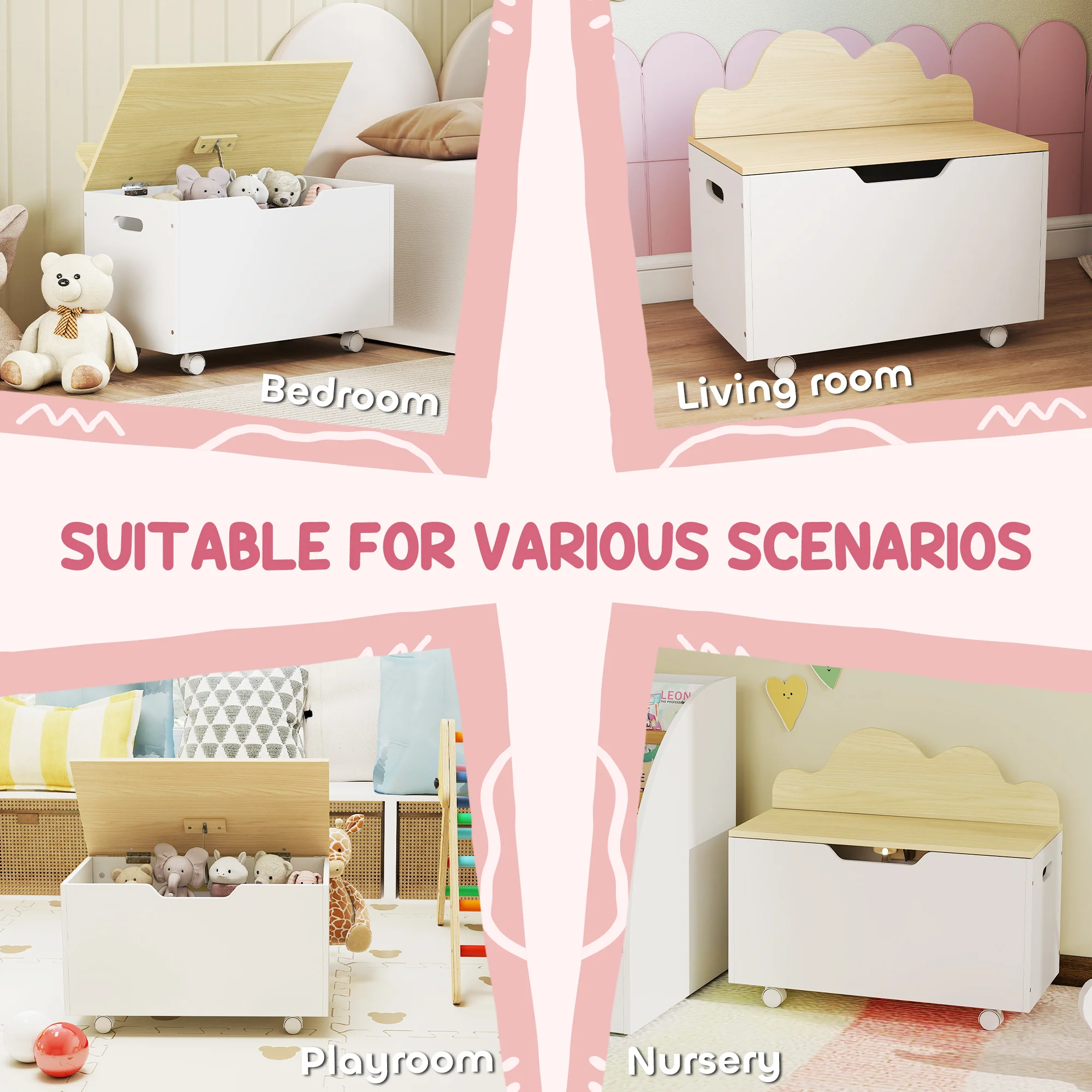 AIYAPLAY Toy Box For Kids, Toy Chest With Wheels And Safety Hinges, White - Image 7