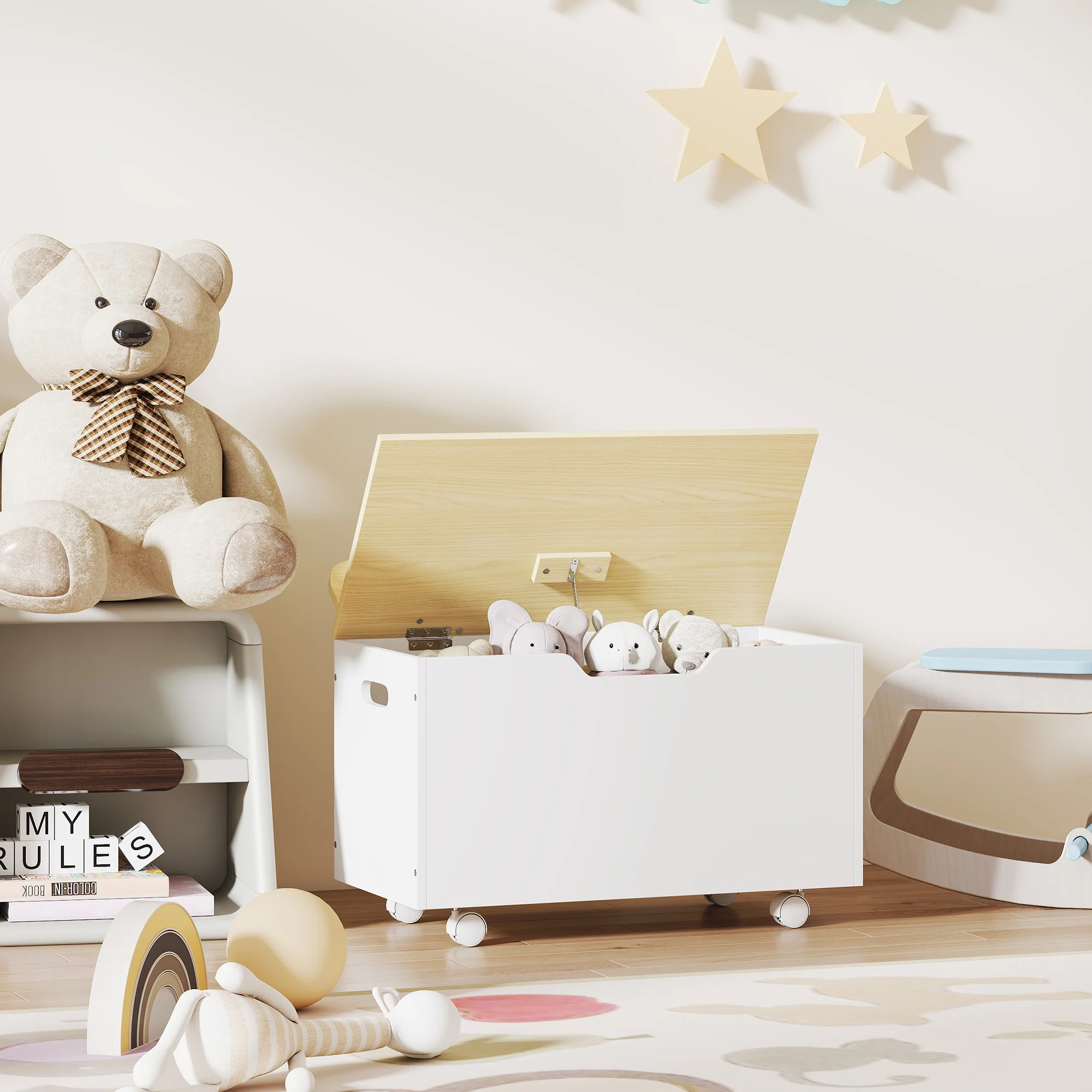 AIYAPLAY Toy Box For Kids, Toy Chest With Wheels And Safety Hinges, White - Image 8