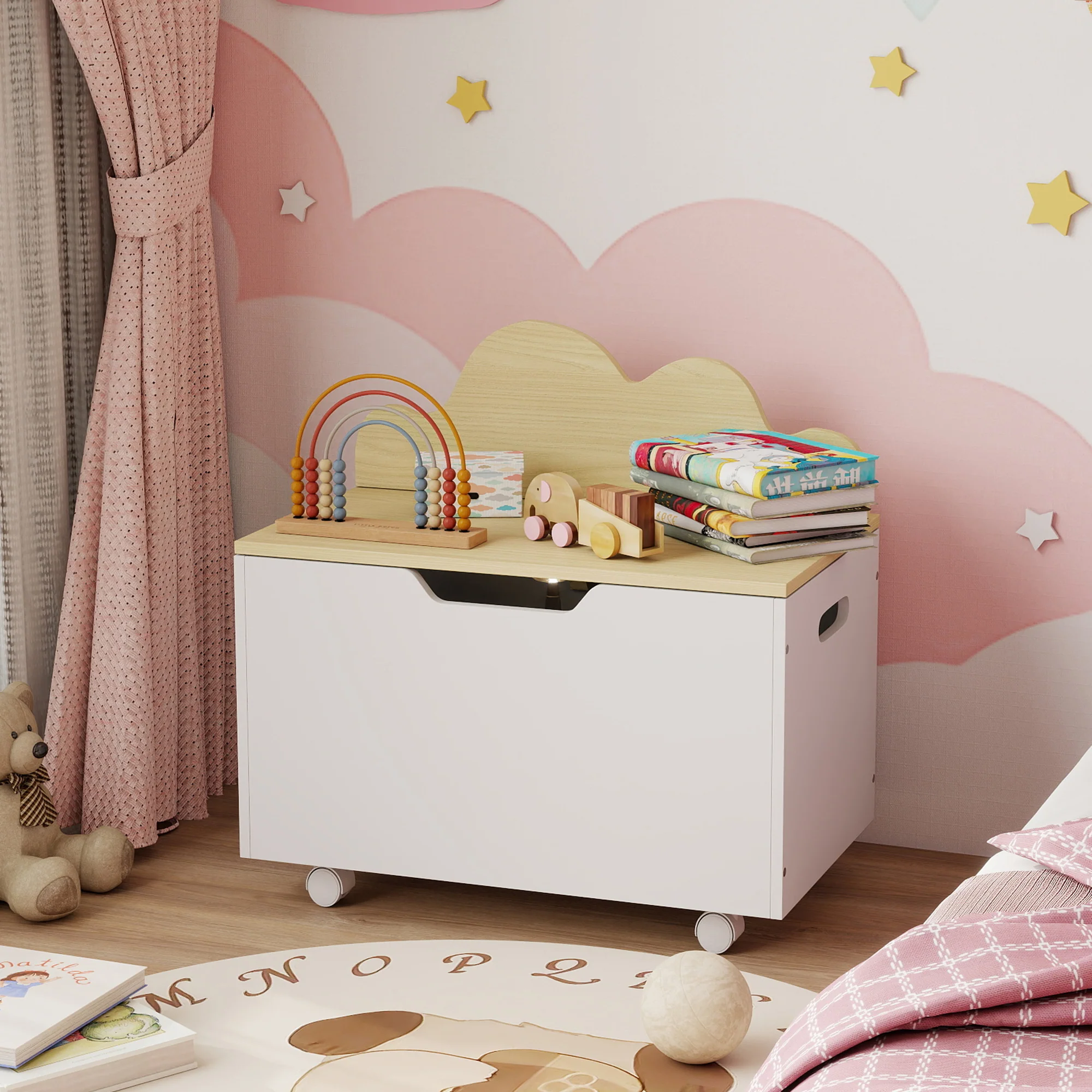 AIYAPLAY Toy Box For Kids, Toy Chest With Wheels And Safety Hinges, White - Image 9