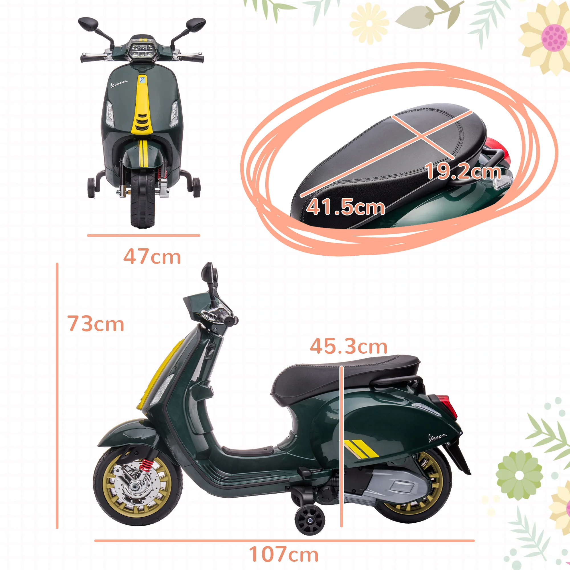 AIYAPLAY Vespa Licensed 12V Kids Electric Bike W/ 2 Training Wheels, White - Image 14