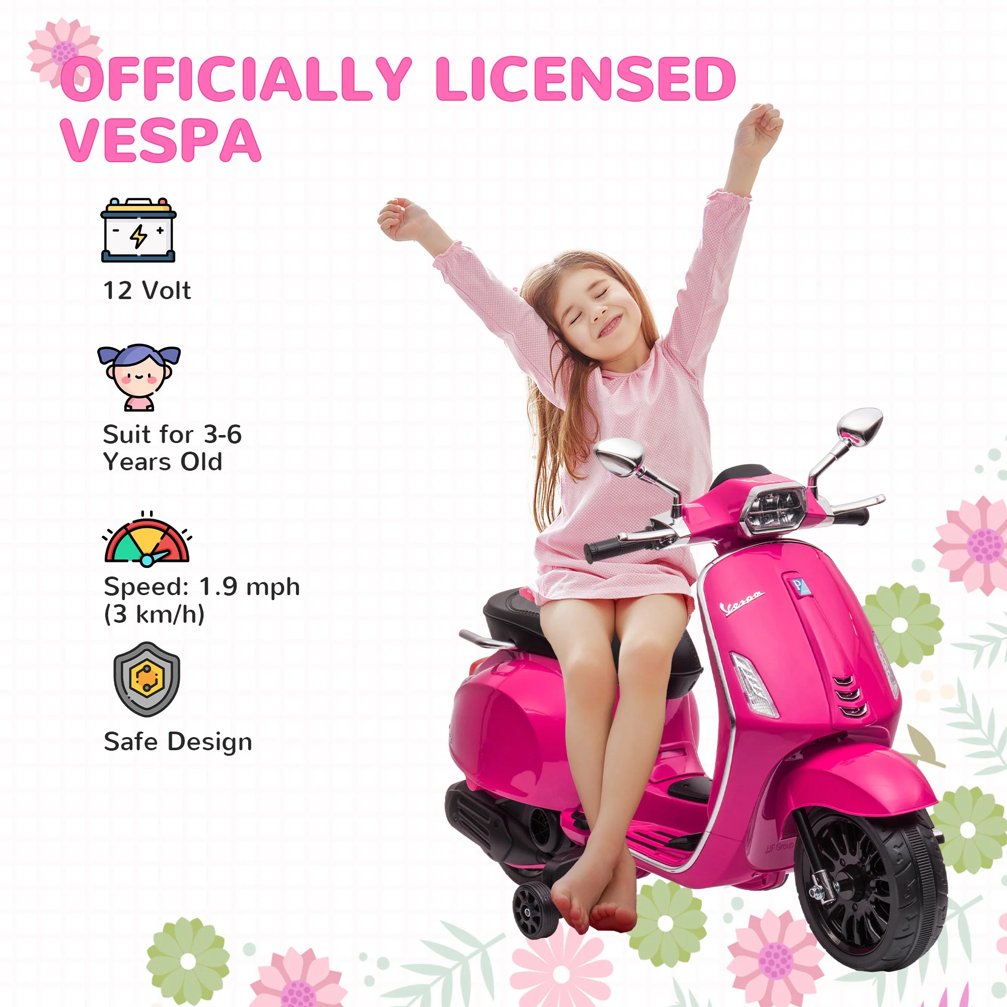 AIYAPLAY Vespa Licensed 12V Kids Electric Bike W/ 2 Training Wheels, White - Image 21