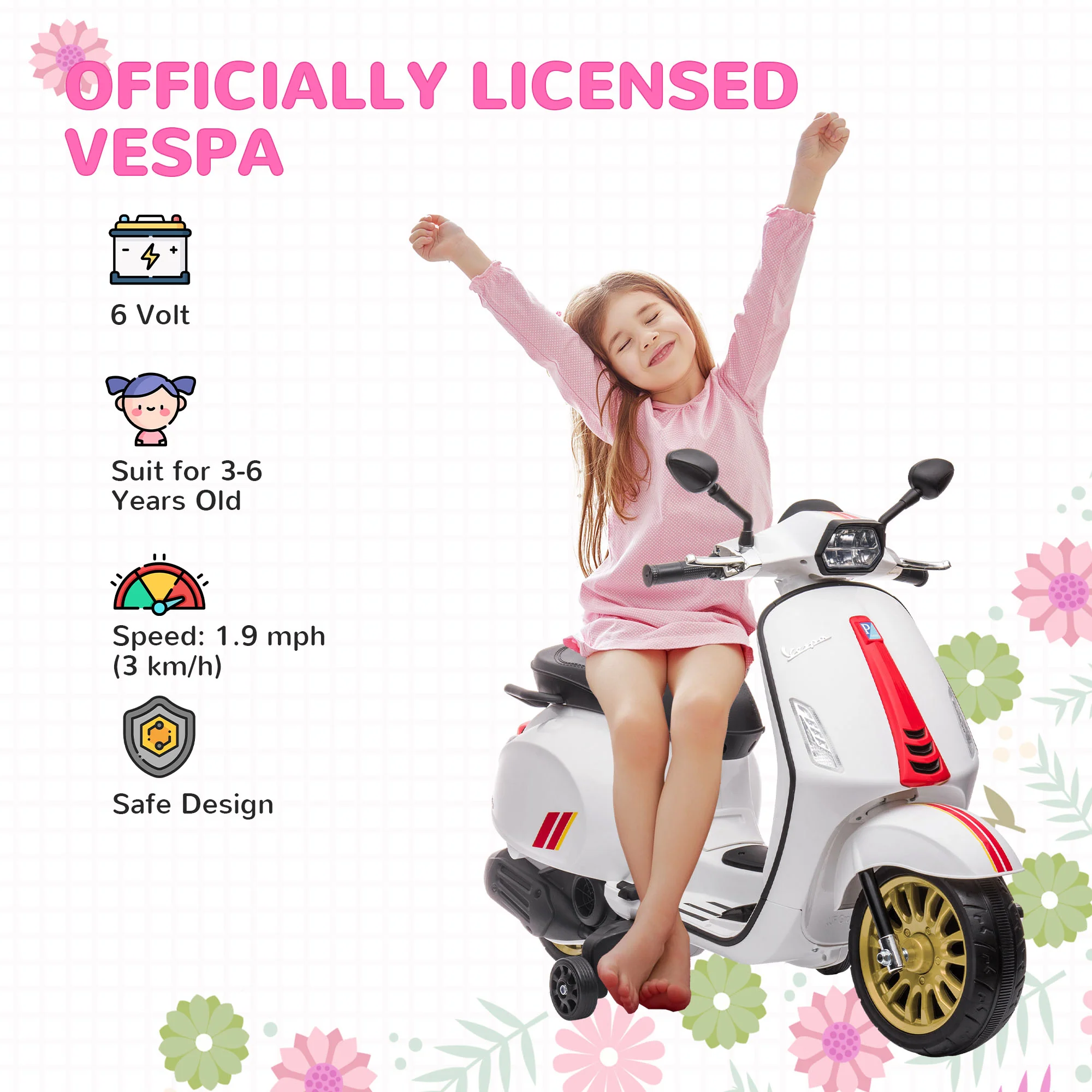 AIYAPLAY Vespa Licensed 12V Kids Electric Bike W/ 2 Training Wheels, White - Image 3