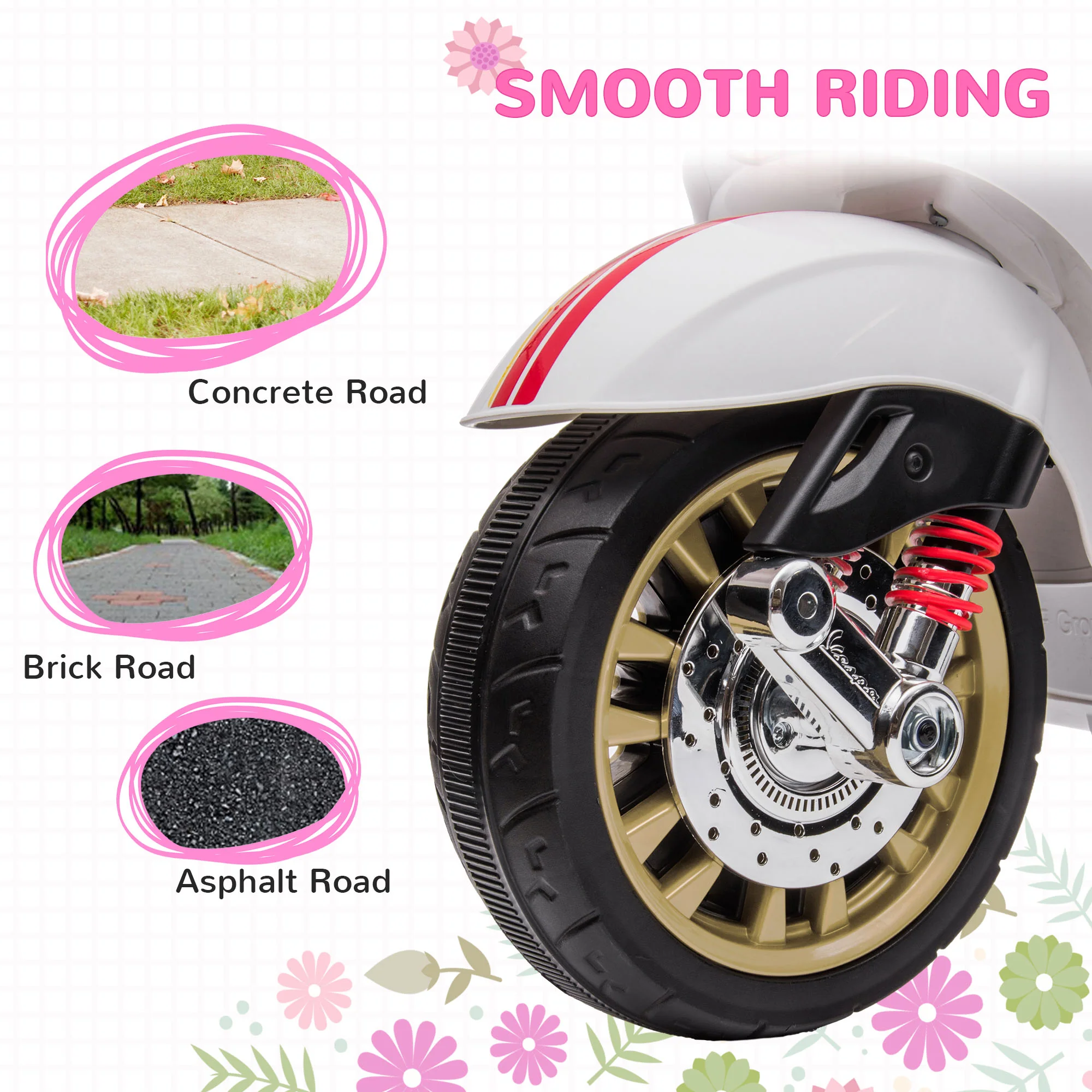 AIYAPLAY Vespa Licensed 12V Kids Electric Bike W/ 2 Training Wheels, White - Image 7