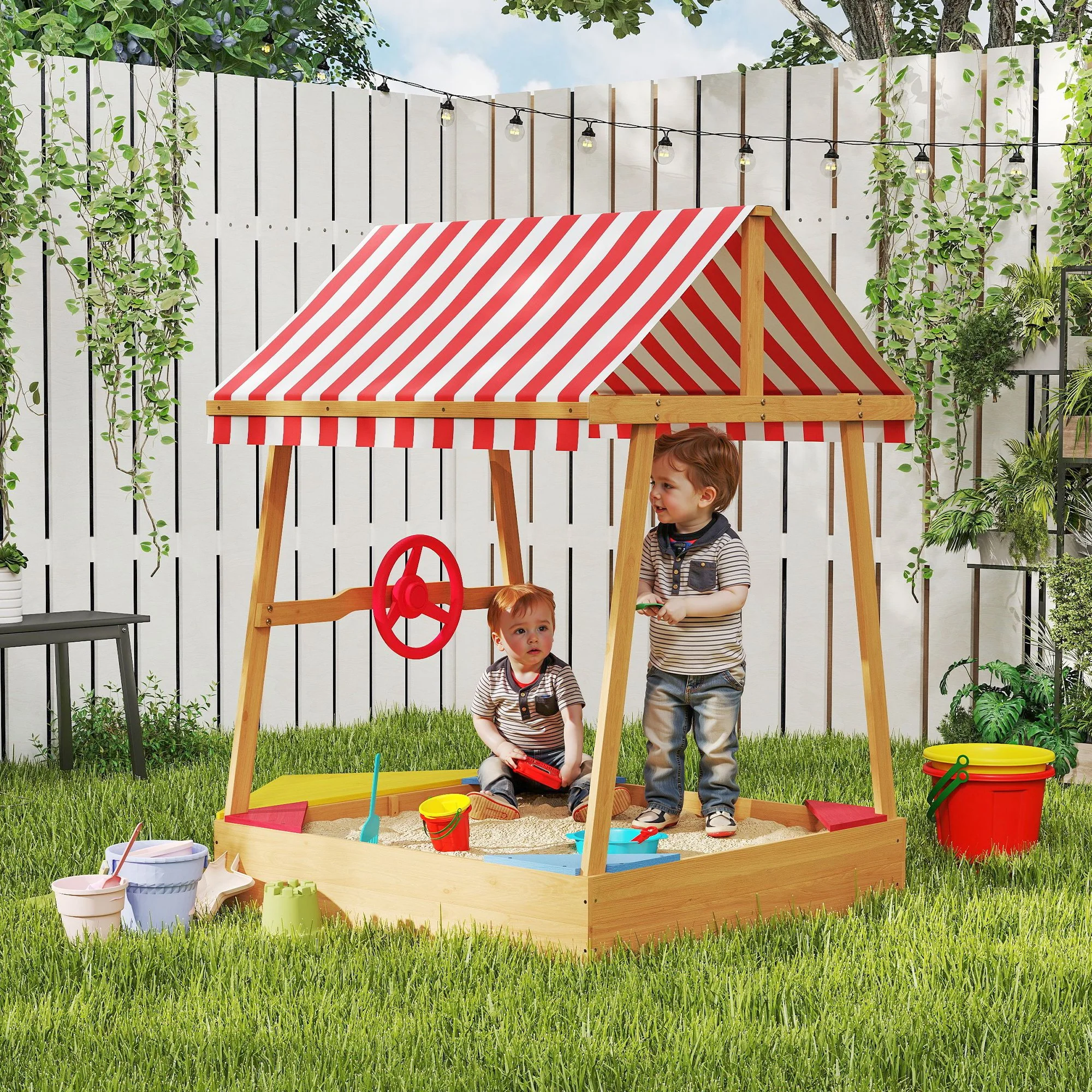 AIYAPLAY Wooden Kids Sandpit with Canopy, Seats, Rudder & Bottom Liner - Image 2