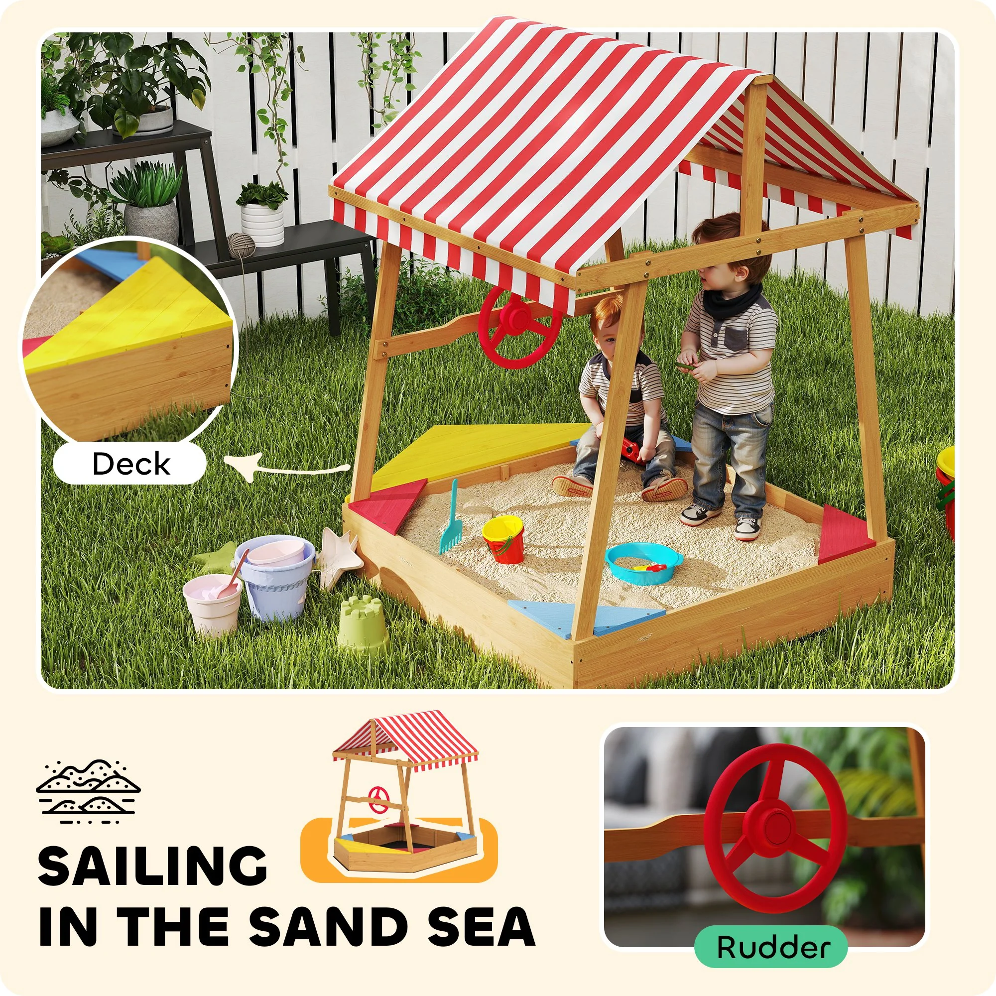 AIYAPLAY Wooden Kids Sandpit with Canopy, Seats, Rudder & Bottom Liner - Image 3