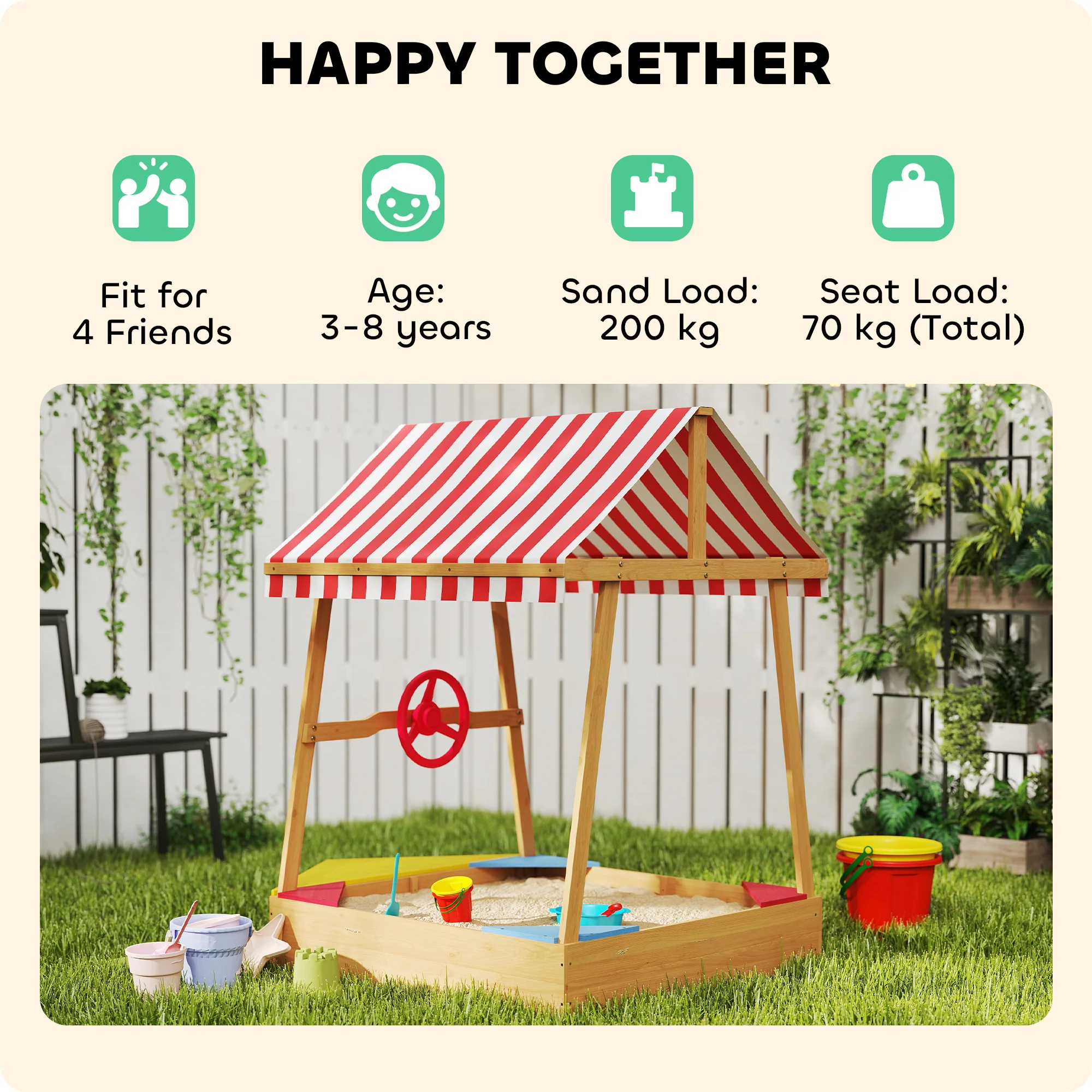 AIYAPLAY Wooden Kids Sandpit with Canopy, Seats, Rudder & Bottom Liner - Image 7
