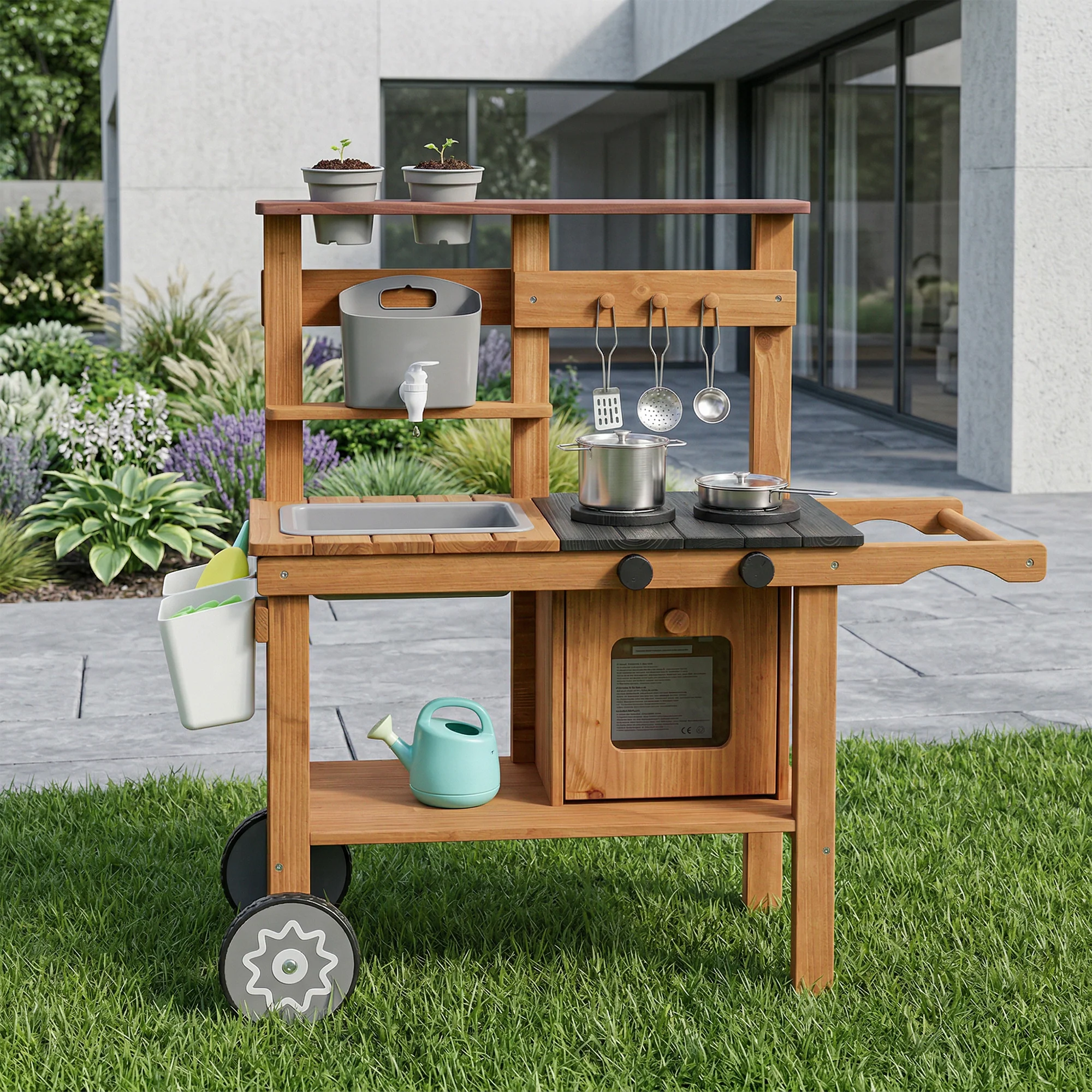 AIYAPLAY Wooden Mud Kitchen with Wheels, Stove, Stainless Steel Accessories - Image 9