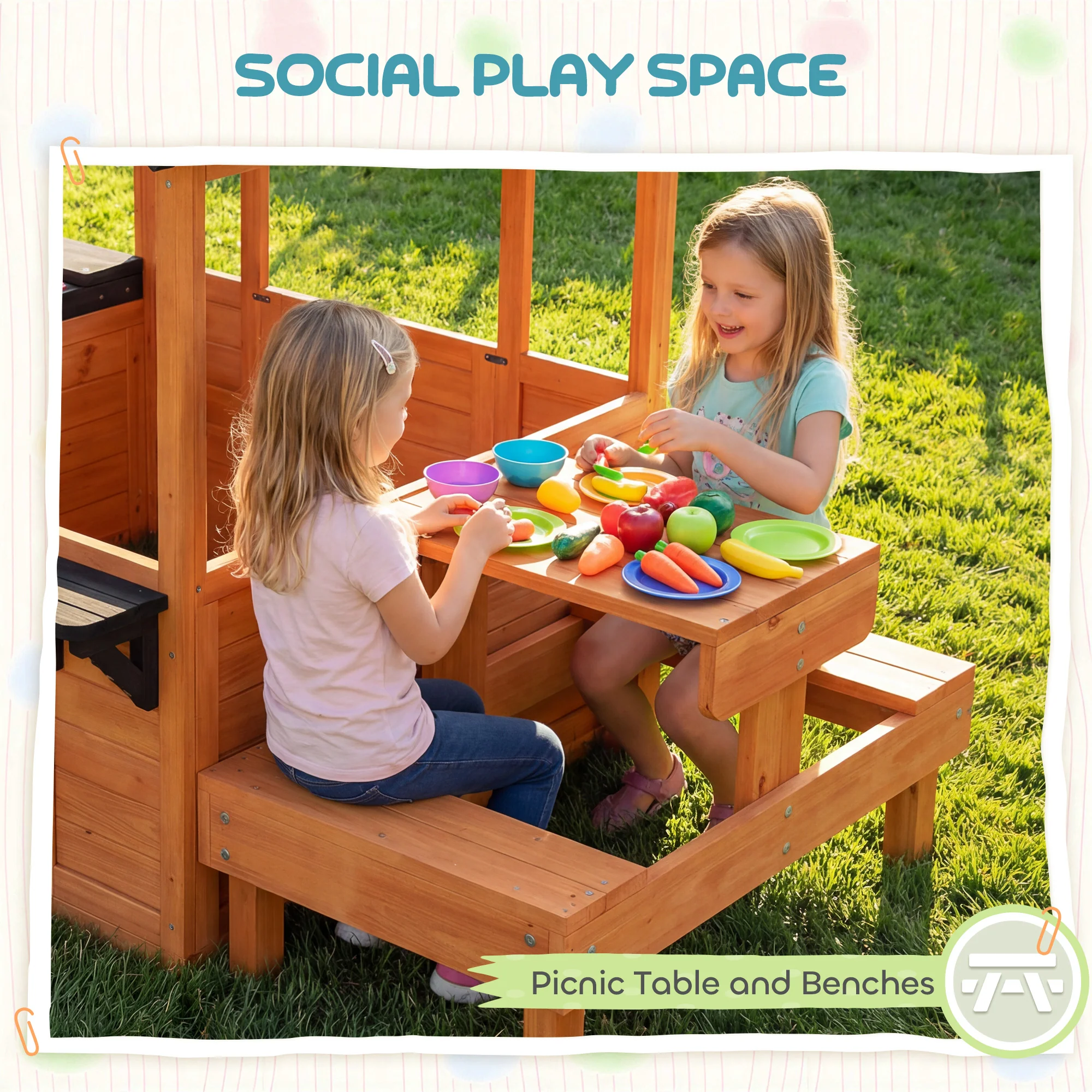 AIYAPLAY Wooden Playhouse for Kids with Table and Benches for Age 3-8, Brown - Image 4