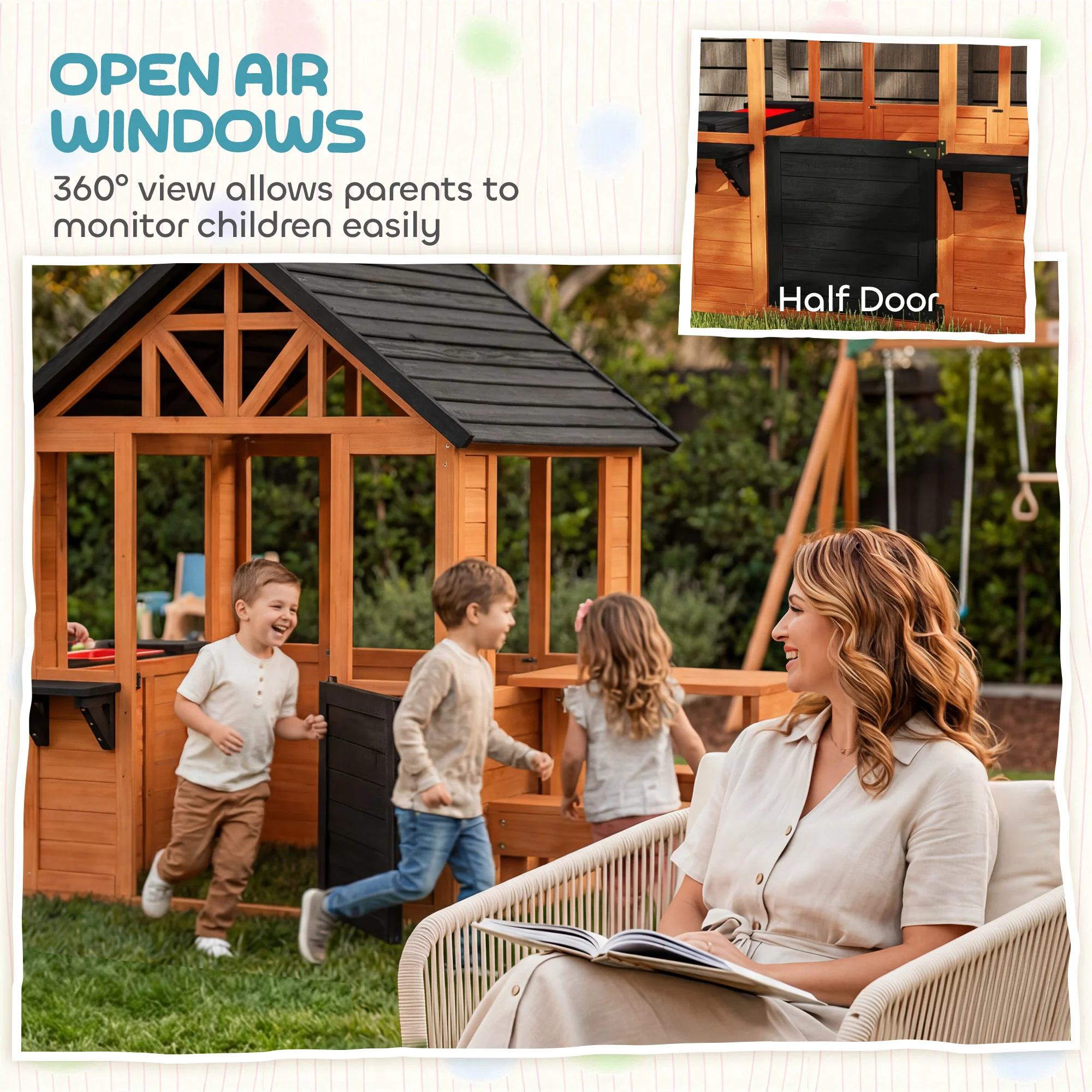 AIYAPLAY Wooden Playhouse for Kids with Table and Benches for Age 3-8, Brown - Image 7