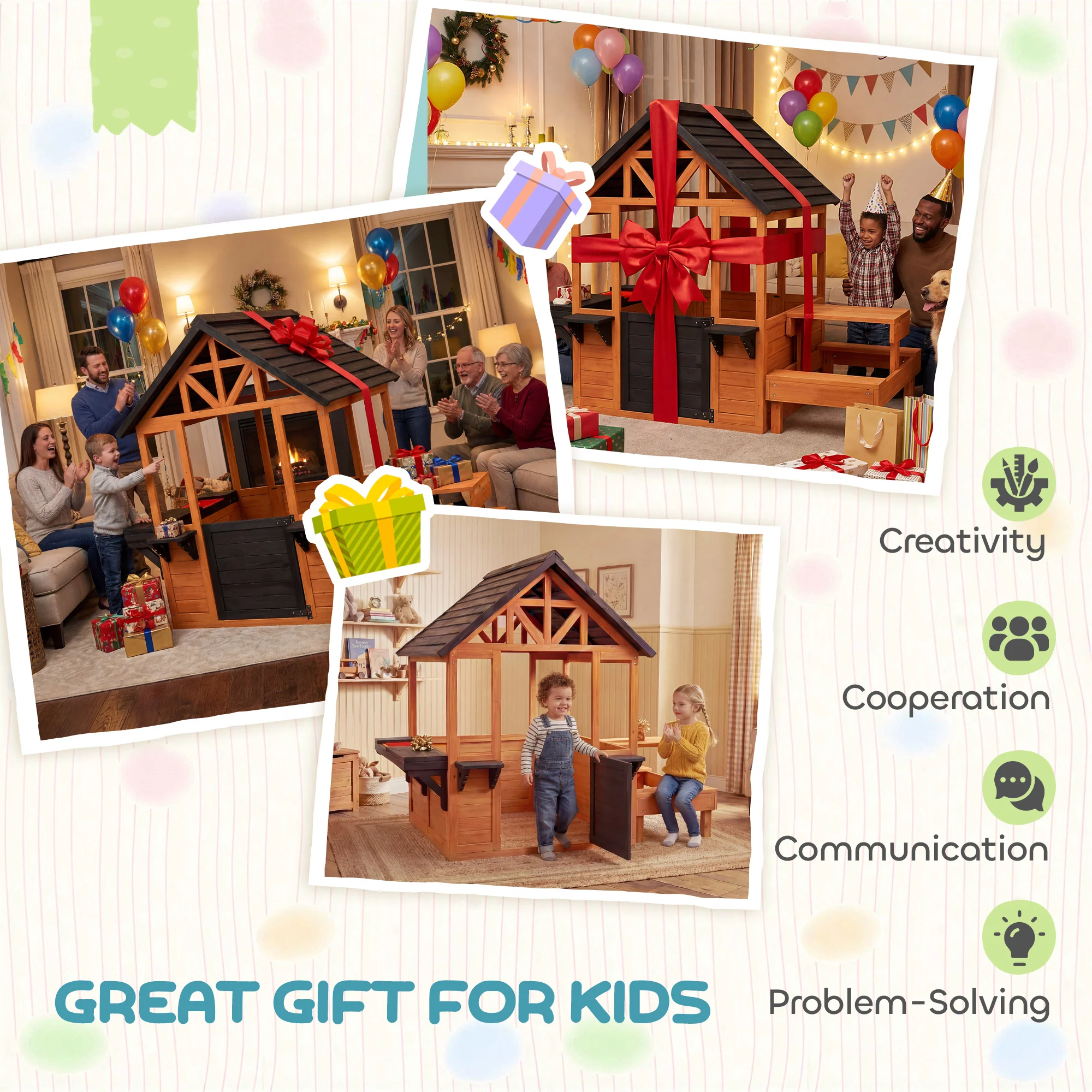 AIYAPLAY Wooden Playhouse for Kids with Table and Benches for Age 3-8, Brown - Image 8