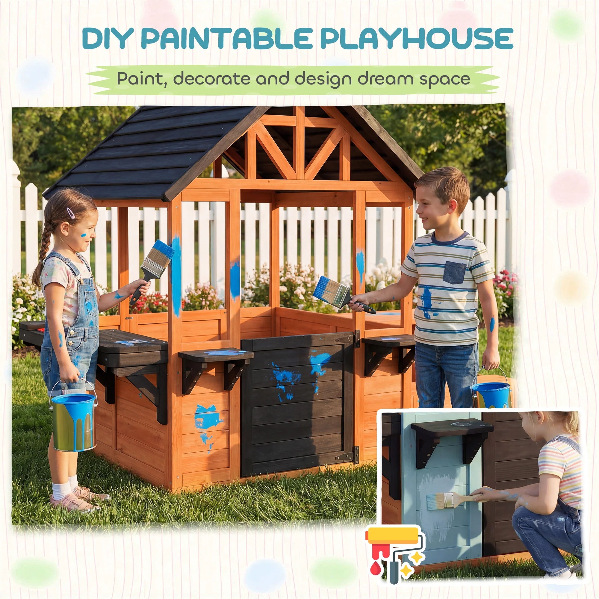 AIYAPLAY Wooden Playhouse for Kids with Table and Benches for Age 3-8, Brown - Image 9
