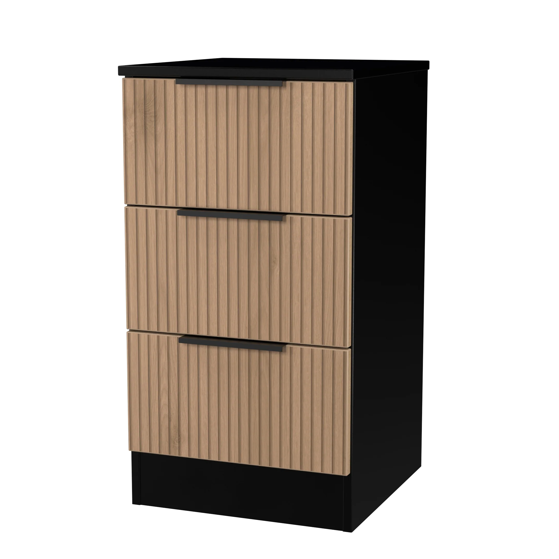 Alaska Ready Assembled 3 Drawer Bedside Cabinet in Slat Effect & Black - Image 4