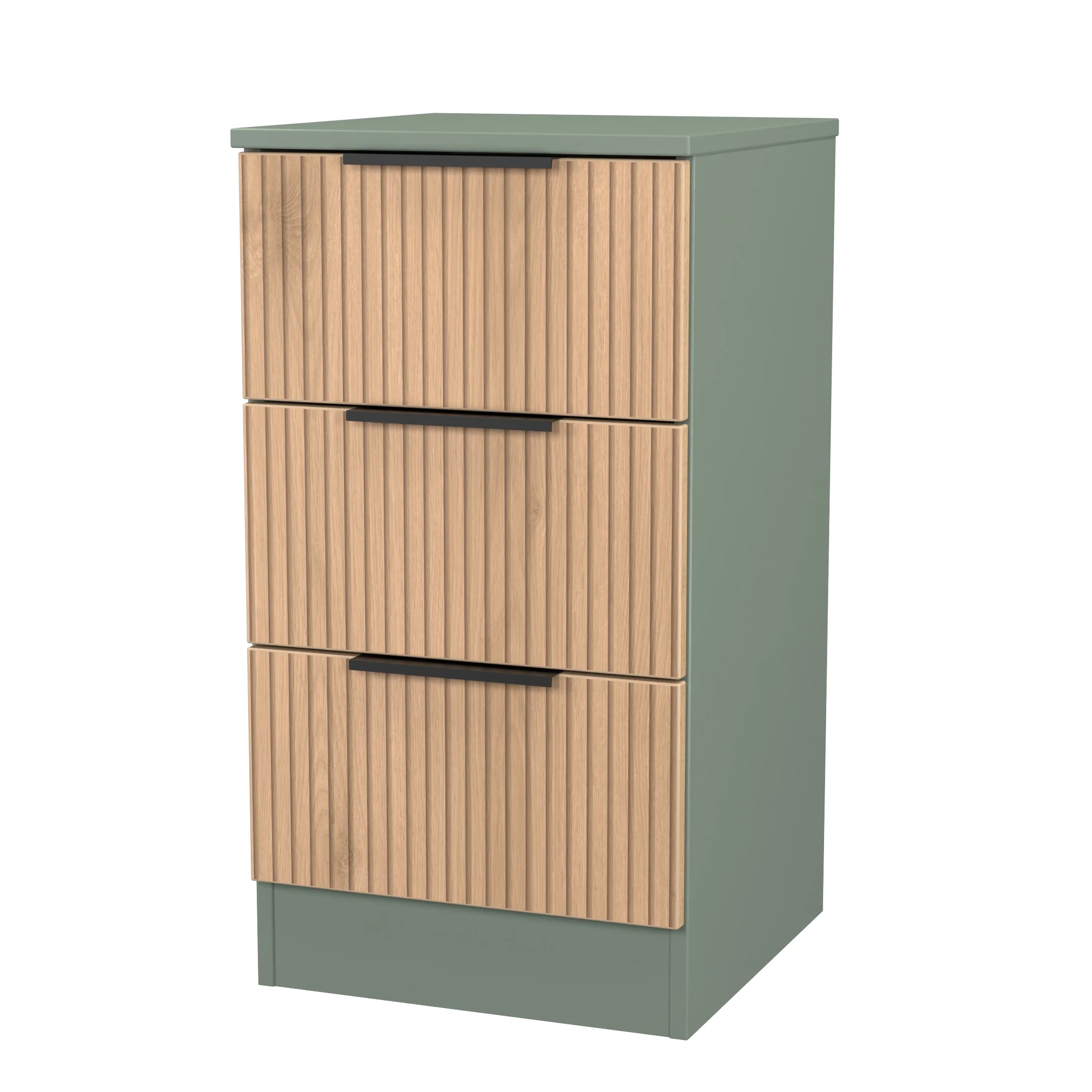 Alaska Ready Assembled 3 Drawer Bedside Cabinet in Slat Effect & Reed Green - Image 4