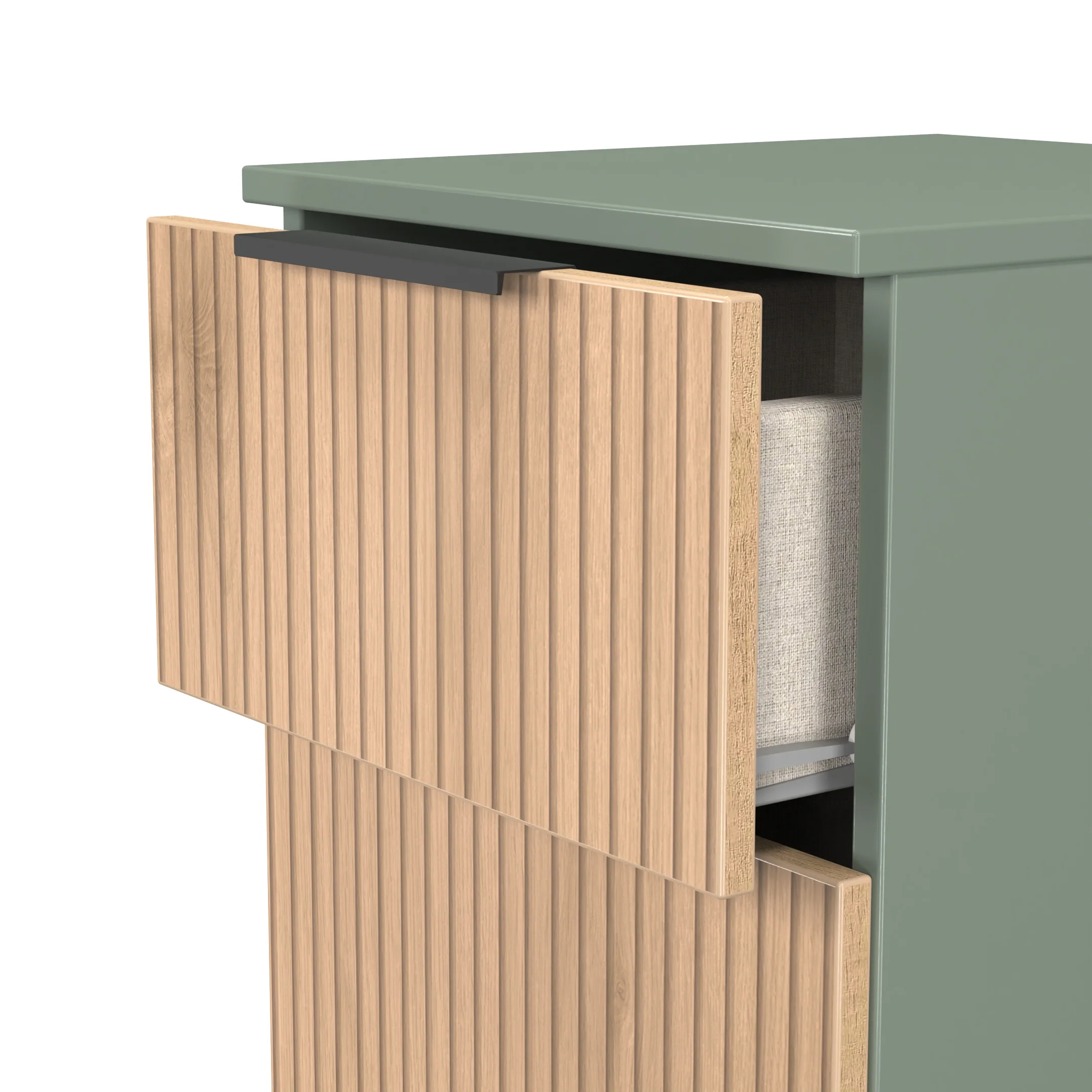 Alaska Ready Assembled 3 Drawer Bedside Cabinet in Slat Effect & Reed Green - Image 6