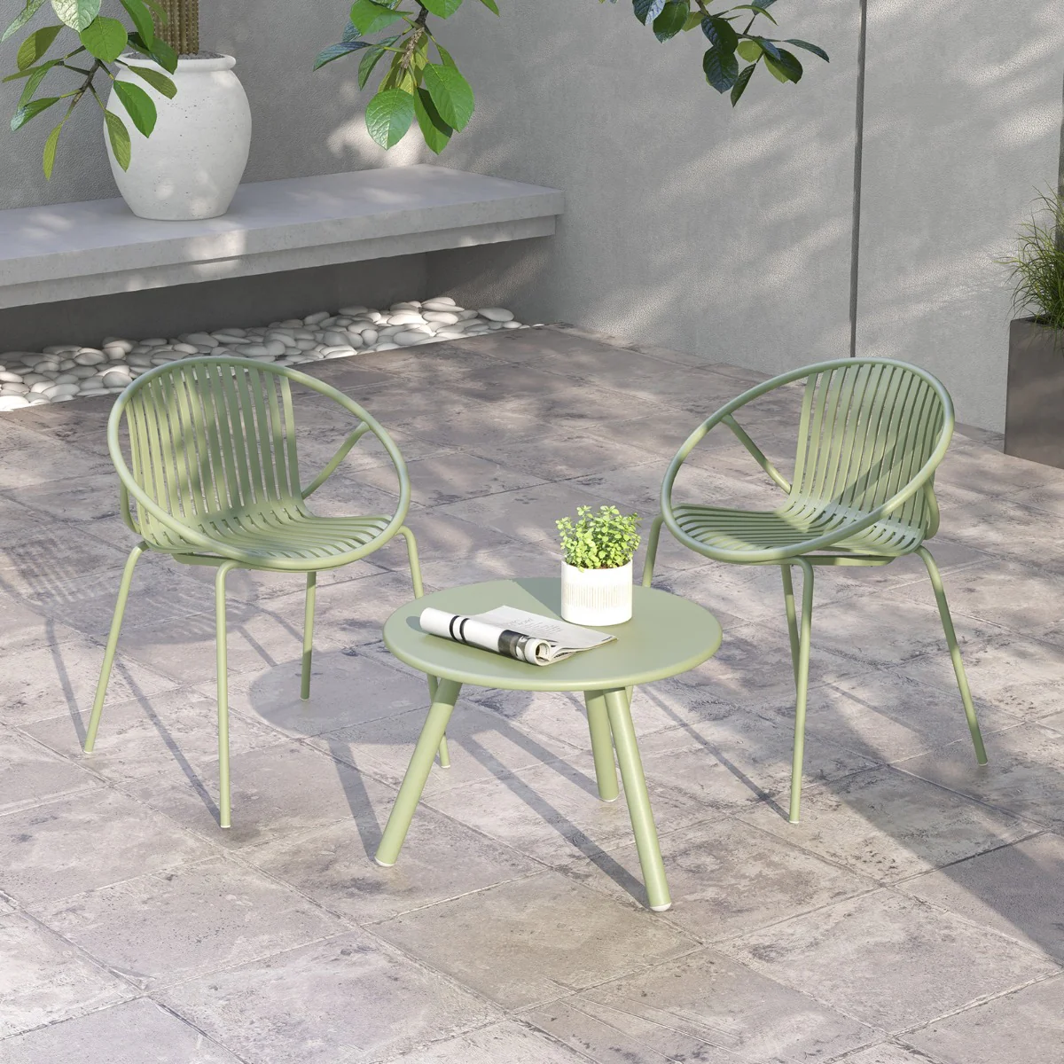 All Weather PP Patio Conversation 3 Pieces Bistro Set with Round Coffee table-Green - Image 2